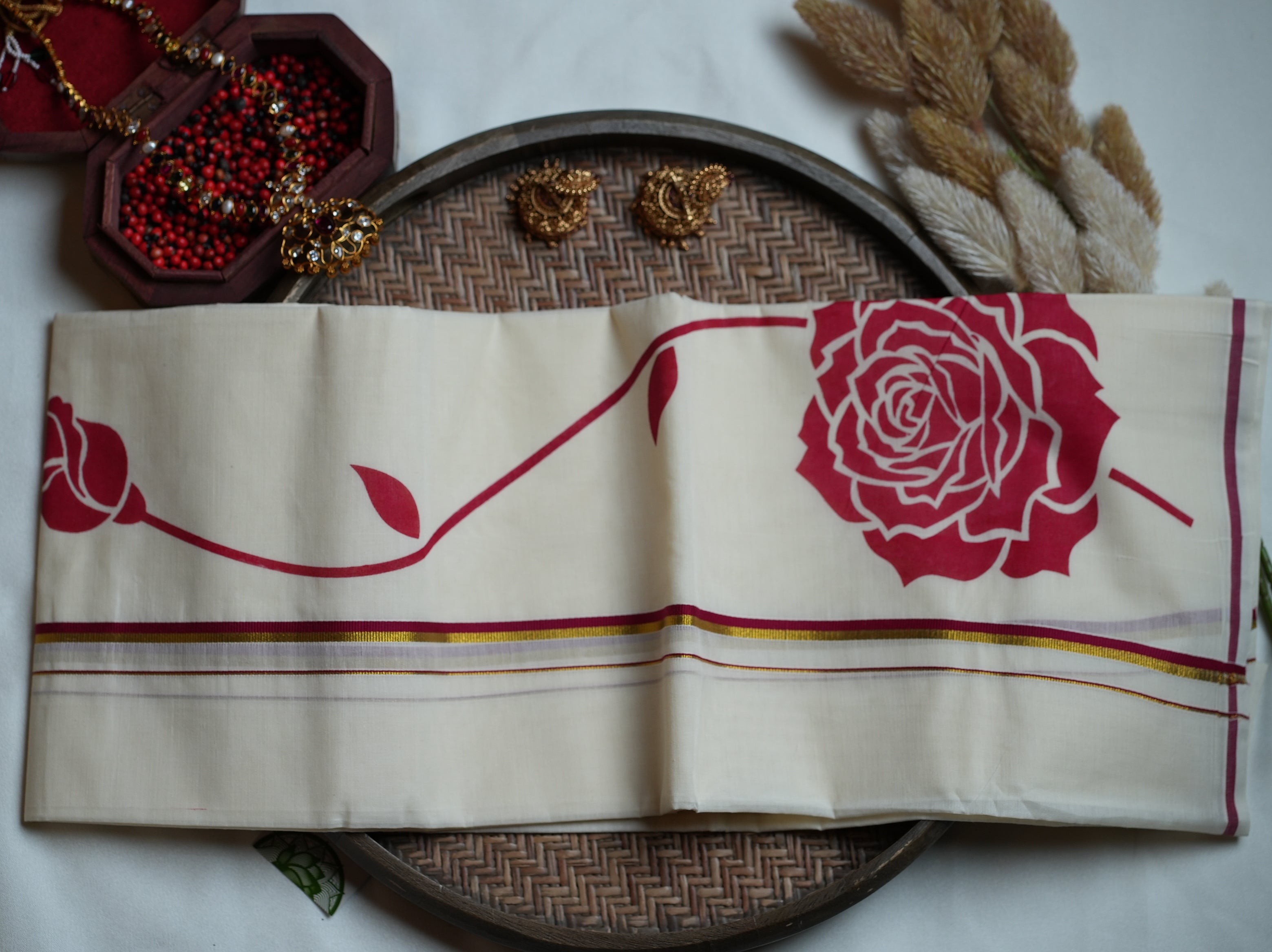 🌹 Crimson Rose & Elegant Border Cotton Kerala Set Mundu 🌹