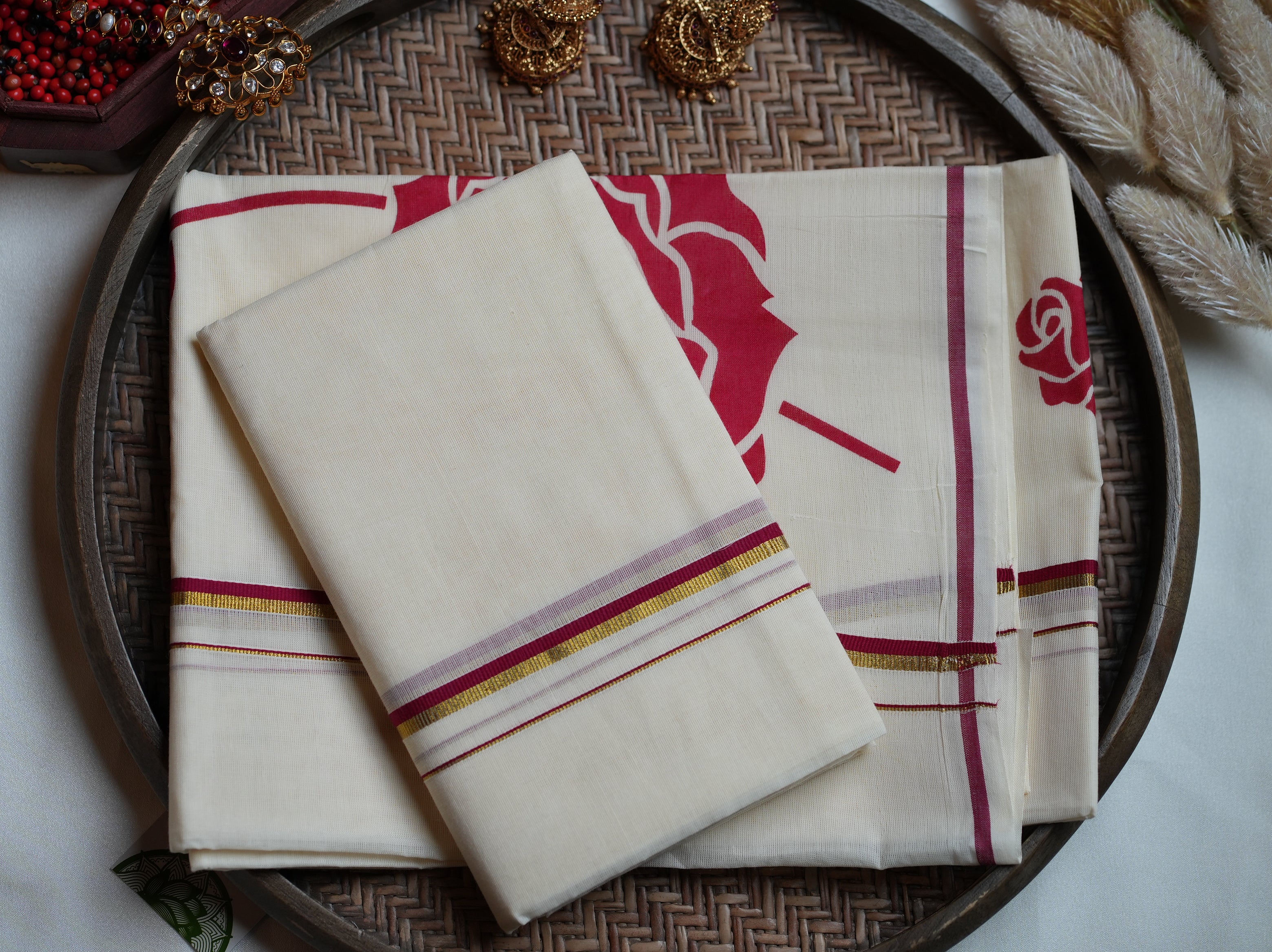 🌹 Crimson Rose & Elegant Border Cotton Kerala Set Mundu 🌹