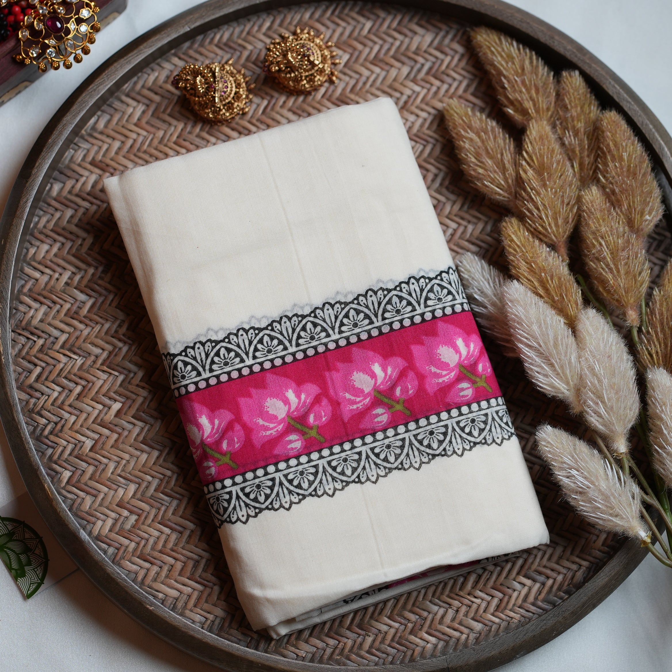 🪷 Lotus Pink & Block-Printed Lace Cotton Kerala Single Set Mundu (With Blouse Piece) 💖