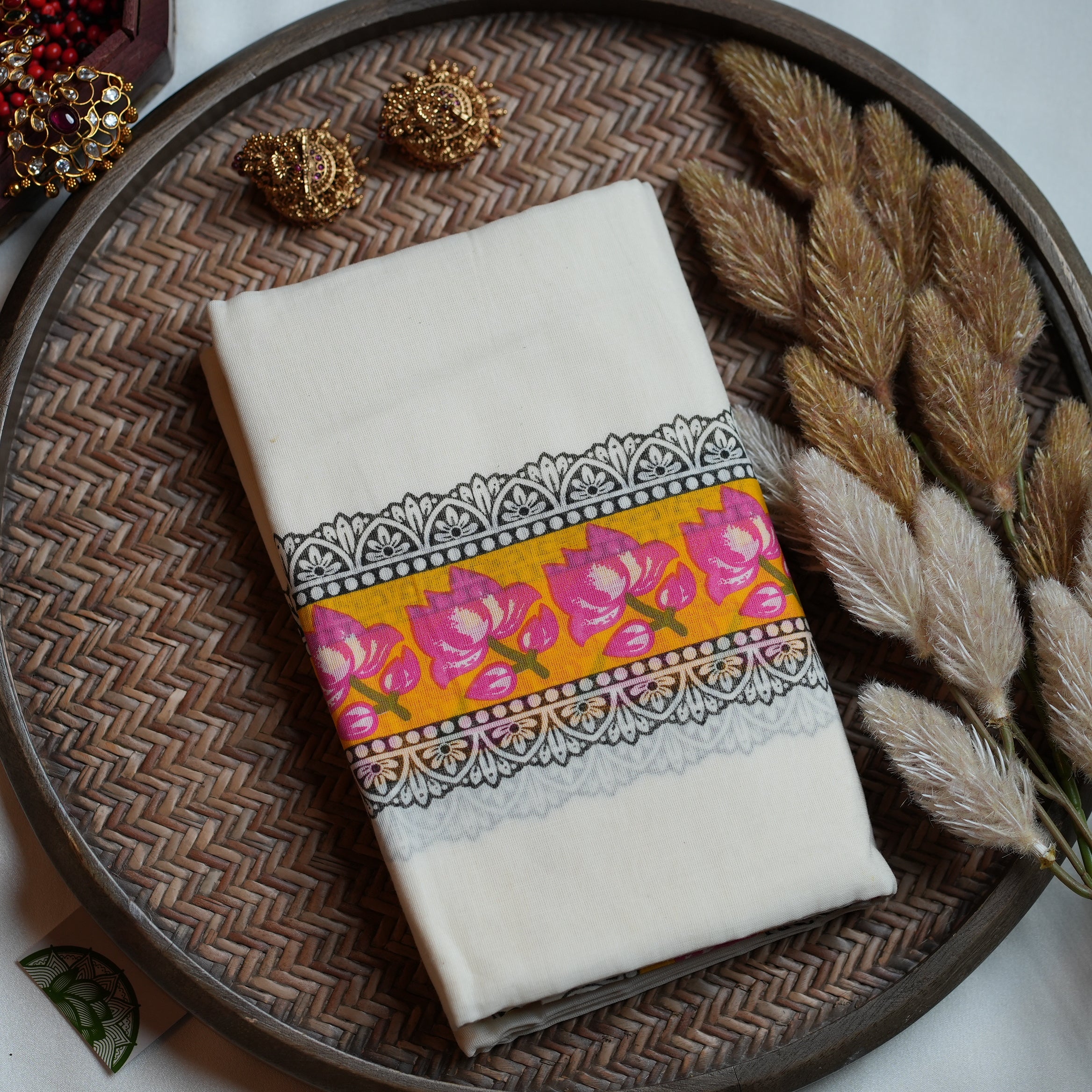 🪷 Marigold Yellow, Lotus Pink & Block-Printed Lace Cotton Kerala Single Set Mundu ☀️