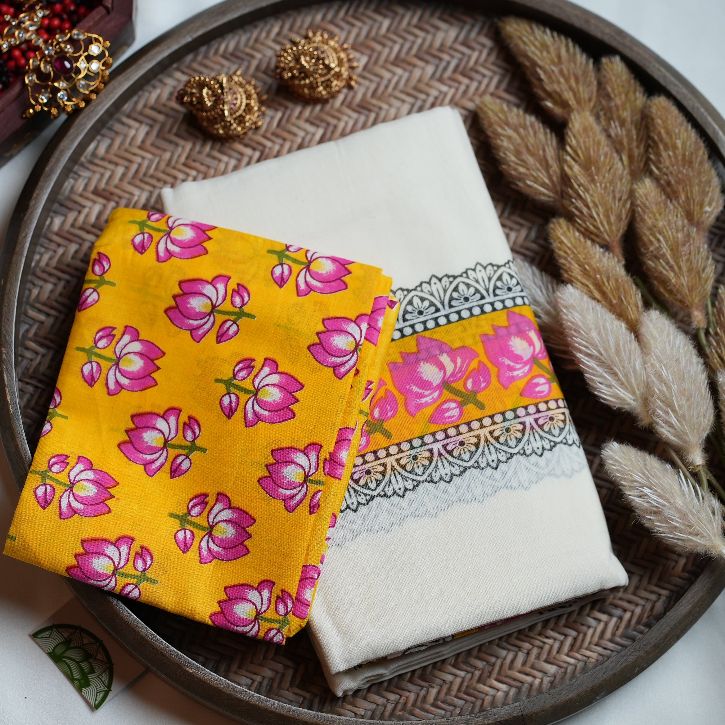 🪷 Marigold Yellow, Lotus Pink & Block-Printed Lace Cotton Kerala Single Set Mundu ☀️