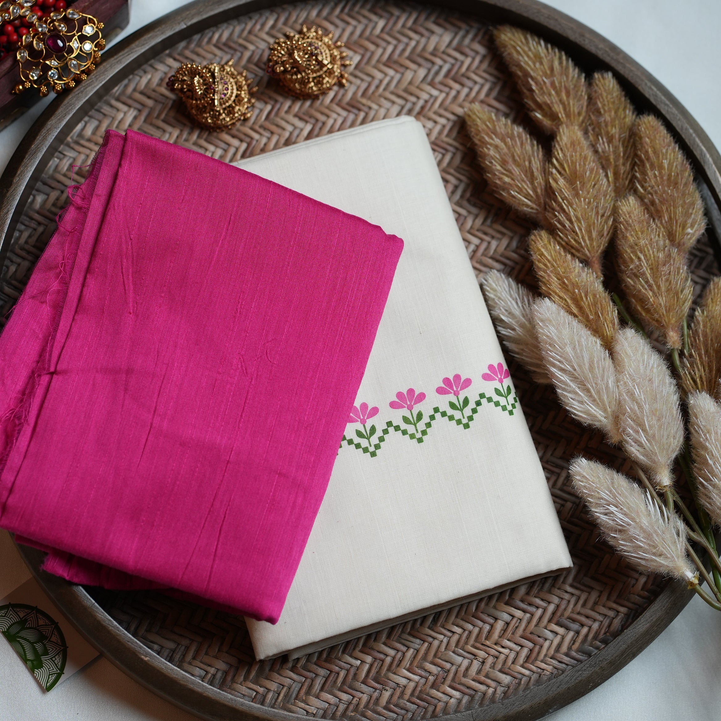 🌸 Fresh Floral Pink & Meadow Green Cotton Kerala Single Set Mundu (With Blouse Piece) 🌿