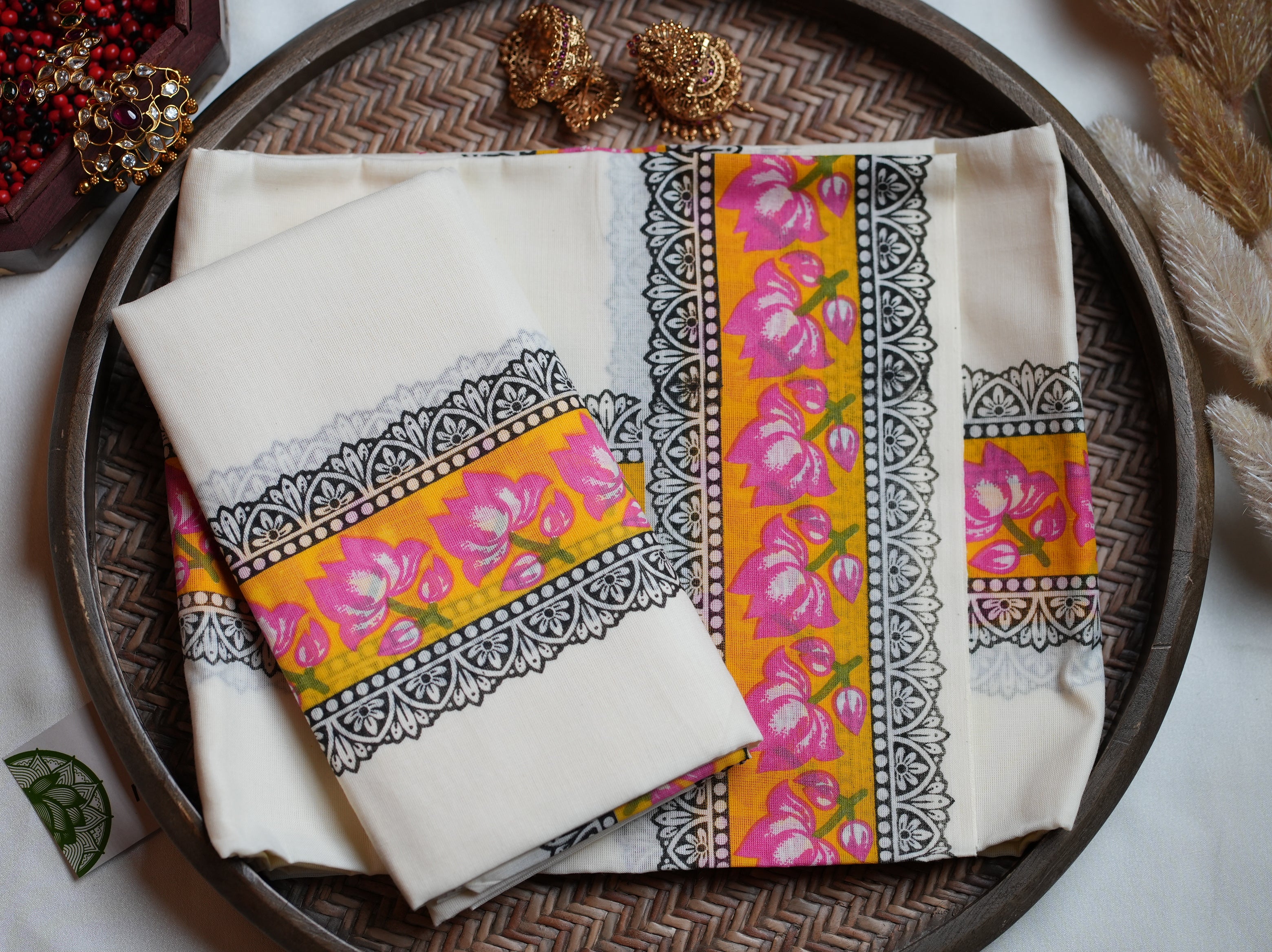 🪷 Marigold Yellow, Lotus Pink & Block-Printed Lace Cotton Kerala Single Set Mundu ☀️