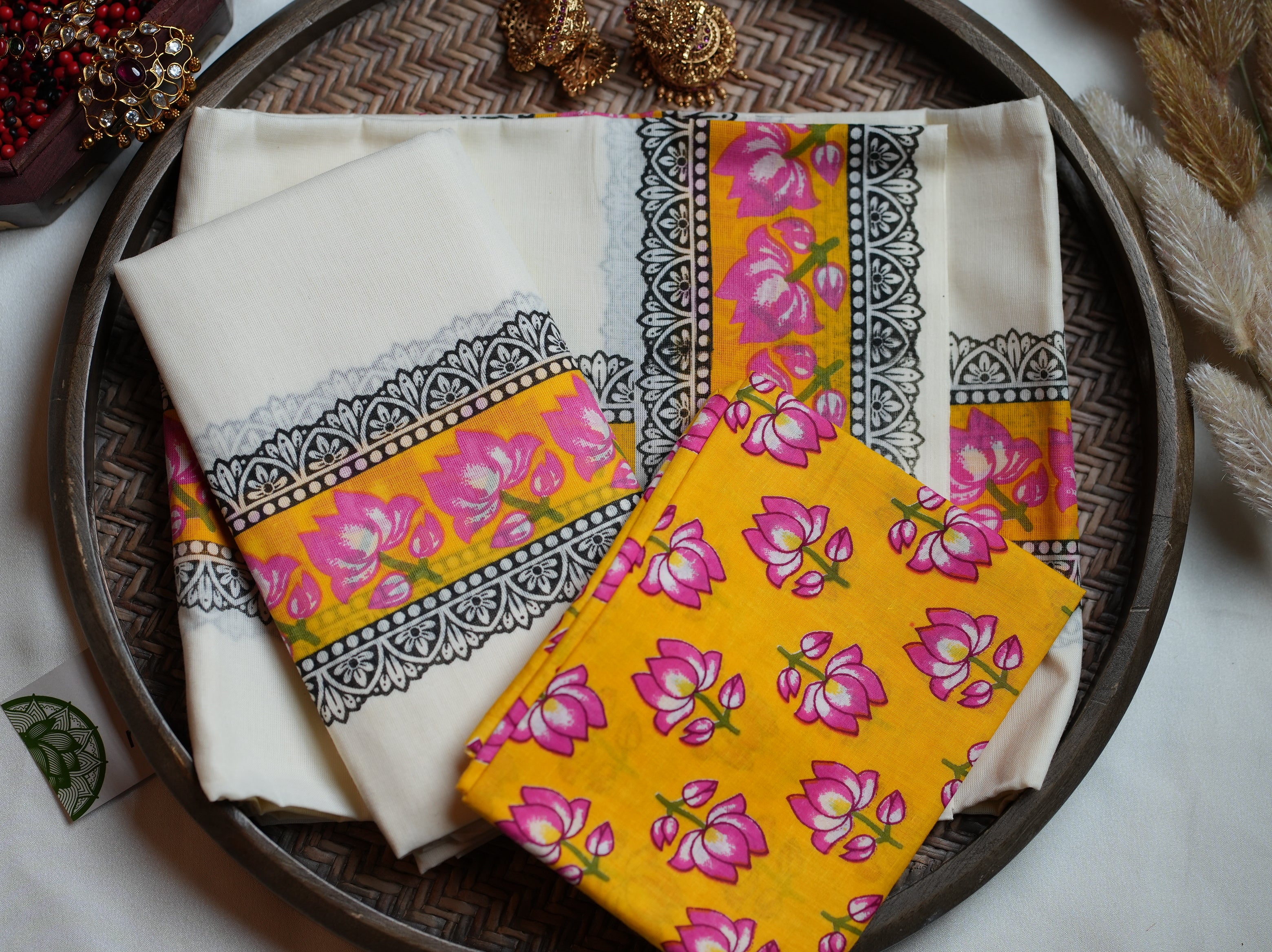 🪷 Marigold Yellow, Lotus Pink & Block-Printed Lace Cotton Kerala Single Set Mundu ☀️