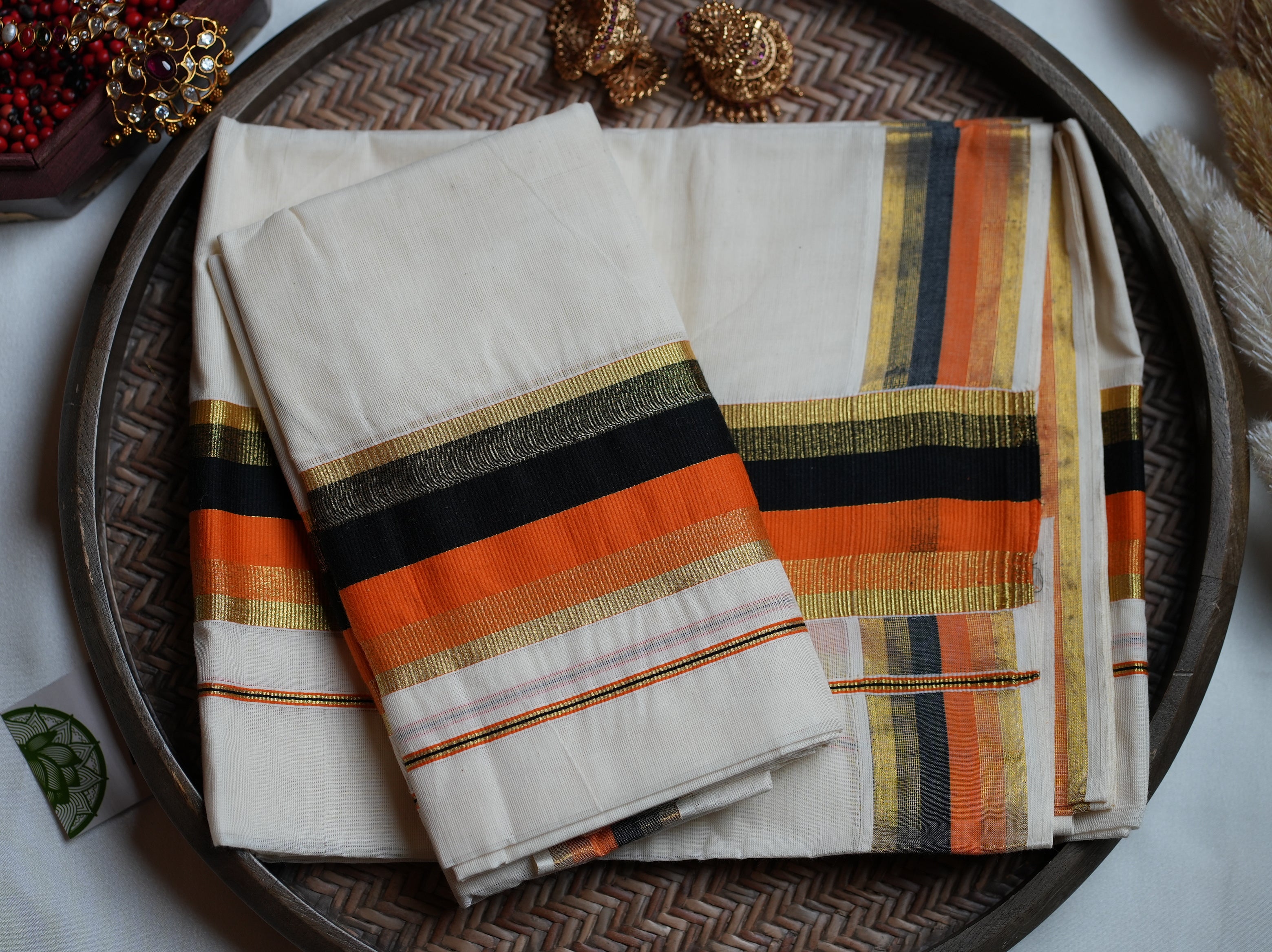 🍊 Vibrant Orange, Jet Black & Rich Gold Cotton Kerala Single Set Mundu 🖤