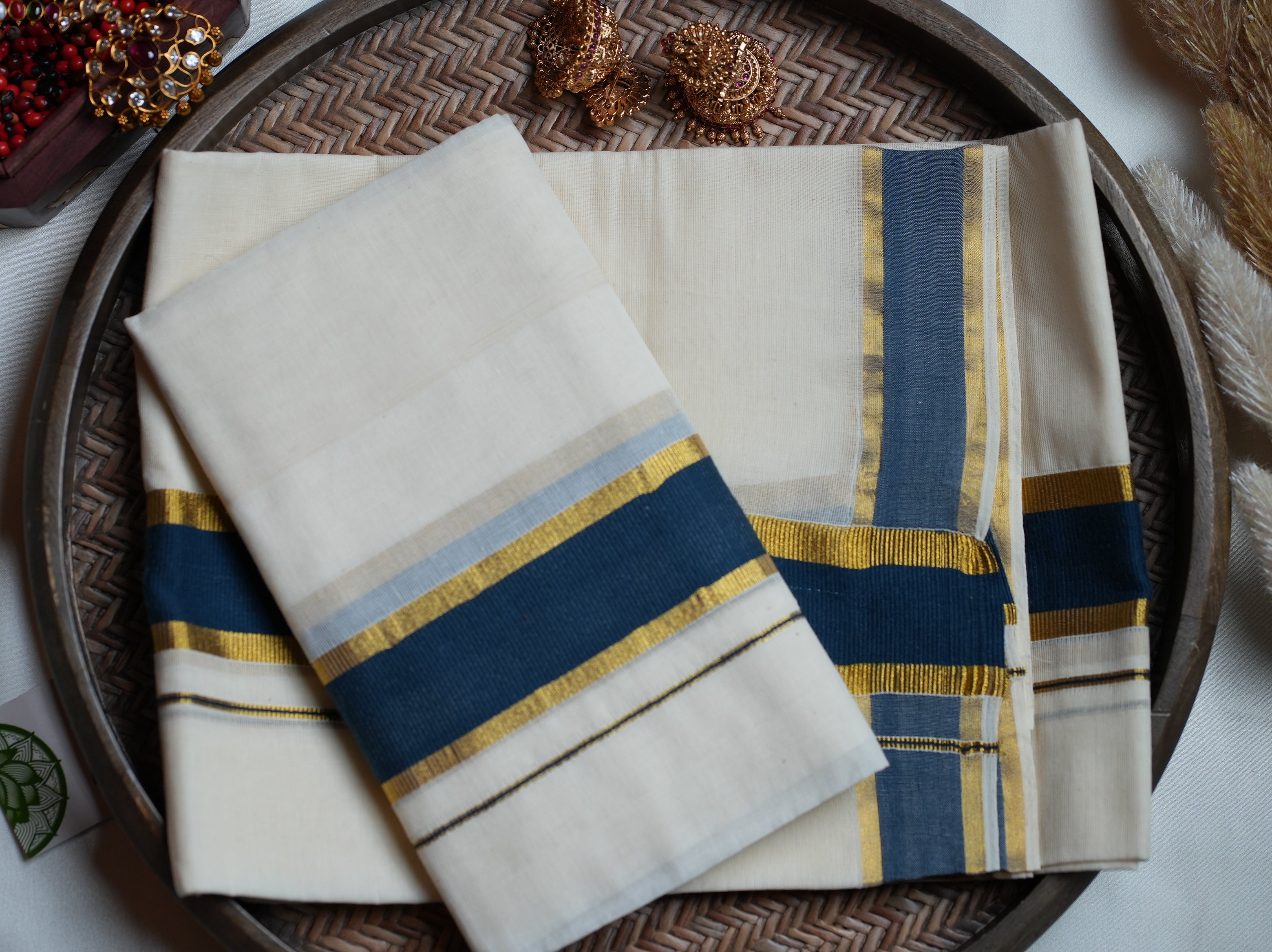 🌊 Royal Indigo & Shimmering Gold Cotton Kerala Single Set Mundu ✨