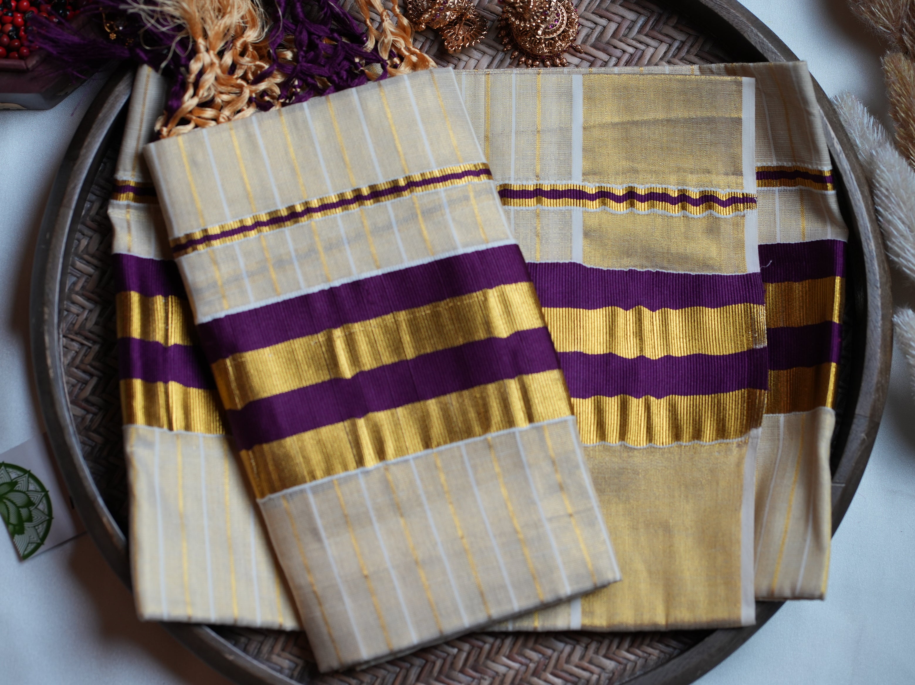 💜 Regal Plum & Shimmering Gold Tissue Kerala Single Set Mundu ✨