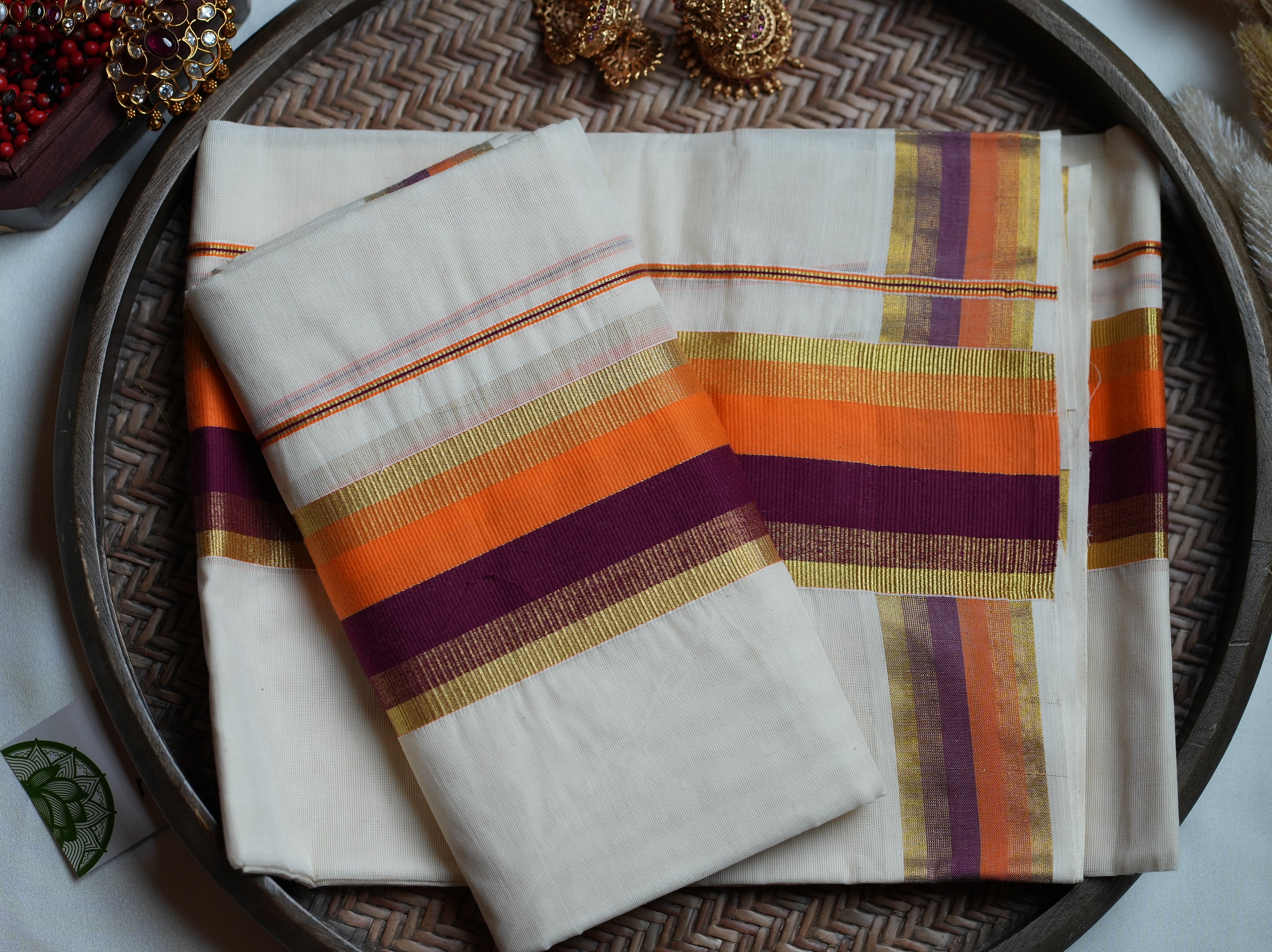 🍊 Vibrant Sunset Orange & Plum Cotton Kerala Single Set Mundu ✨