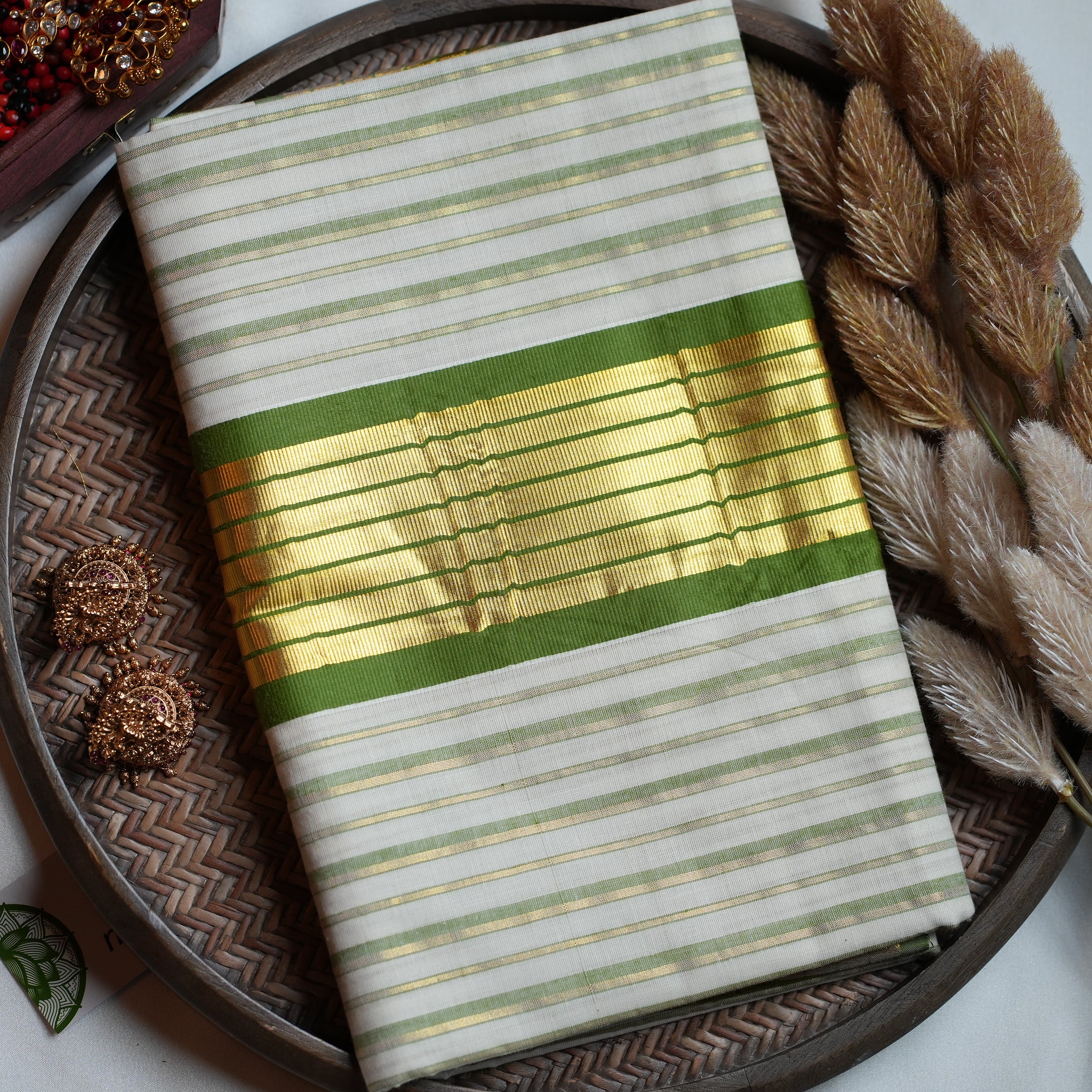 🌿 Olive Whispers & Golden Stripes Cotton Kerala Saree ✨