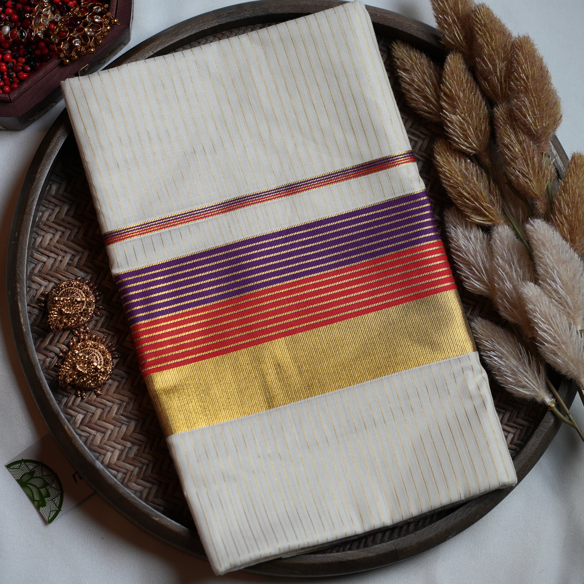 👑 Regal Royal Purple & Crimson Kasavu Cotton Kerala Saree ✨