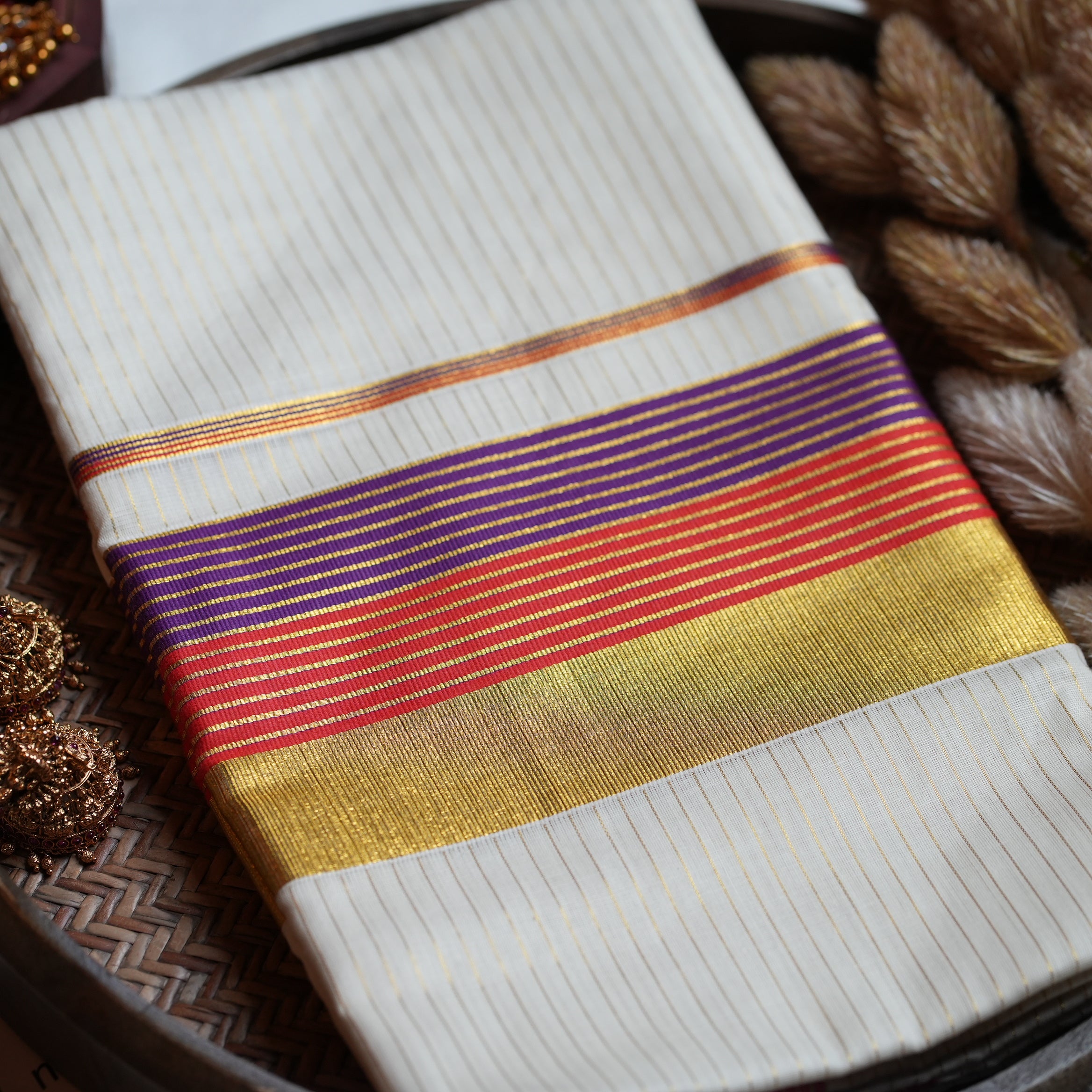 👑 Regal Royal Purple & Crimson Kasavu Cotton Kerala Saree ✨
