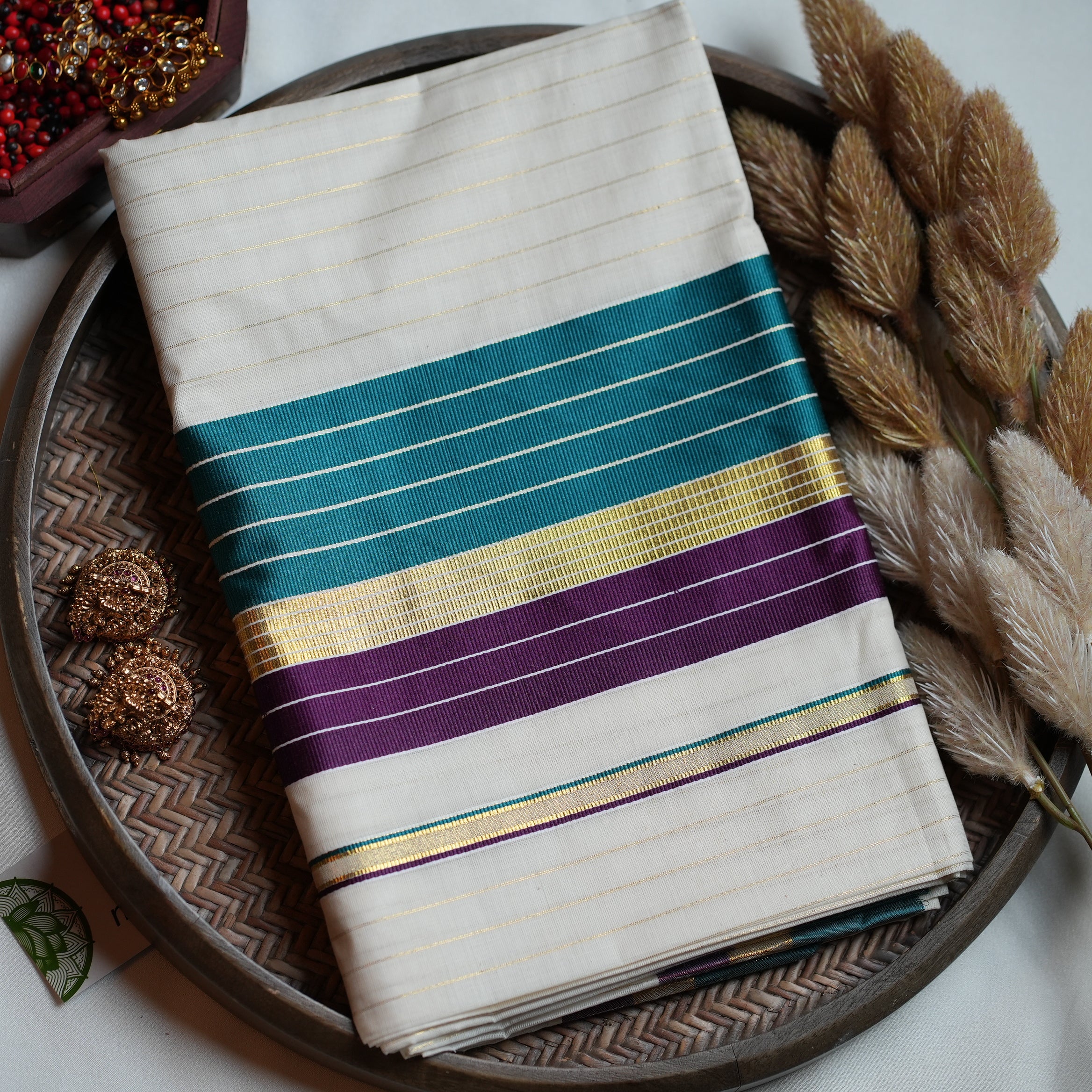 🌟 Teal, Purple & Golden Zari: The Premium Cotton Kerala Set Saree 💫