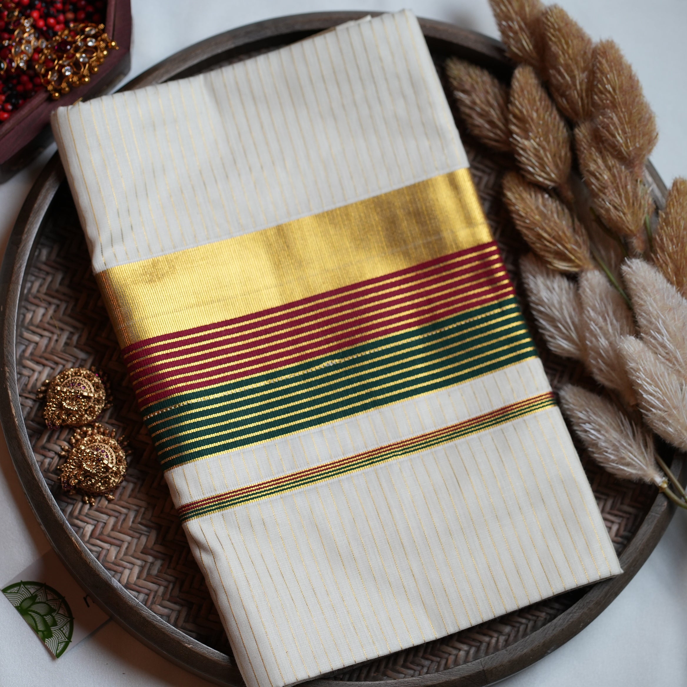 🌺 Tri-Tone Kasavu Stripes Cotton Kerala Saree ✨