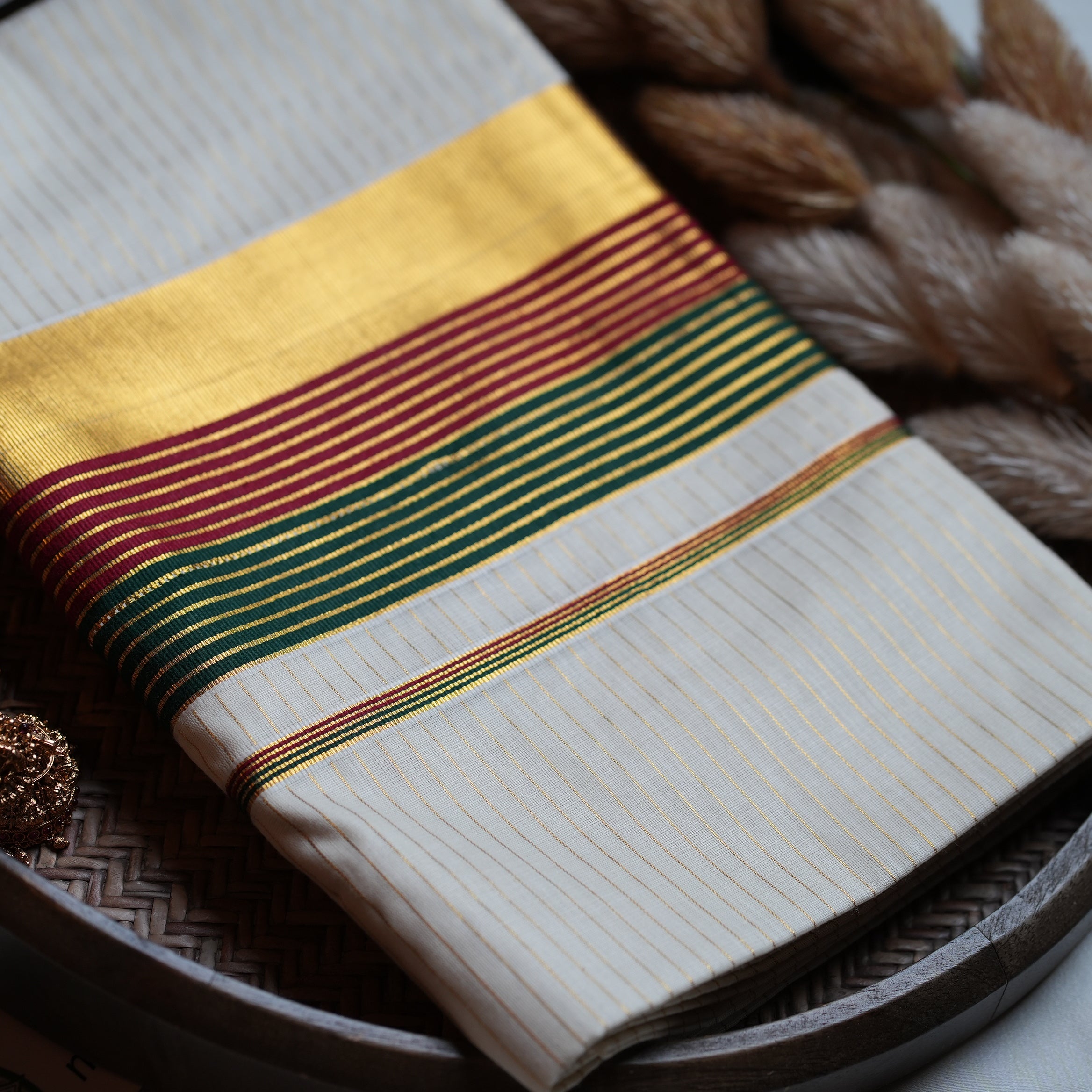 🌺 Tri-Tone Kasavu Stripes Cotton Kerala Saree ✨