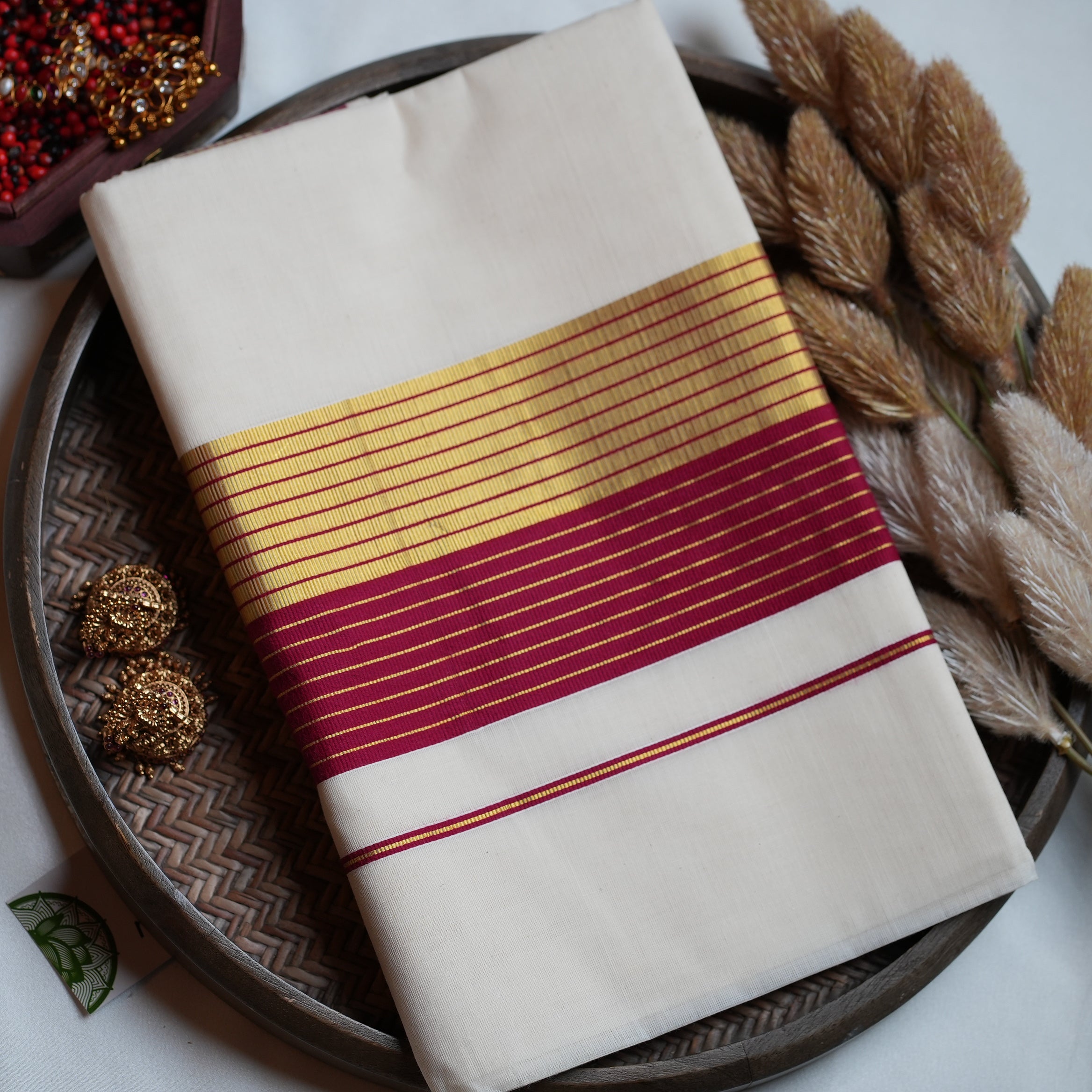 🌹 Regal Maroon & Golden Zari : Cotton Kerala Set Saree 💫