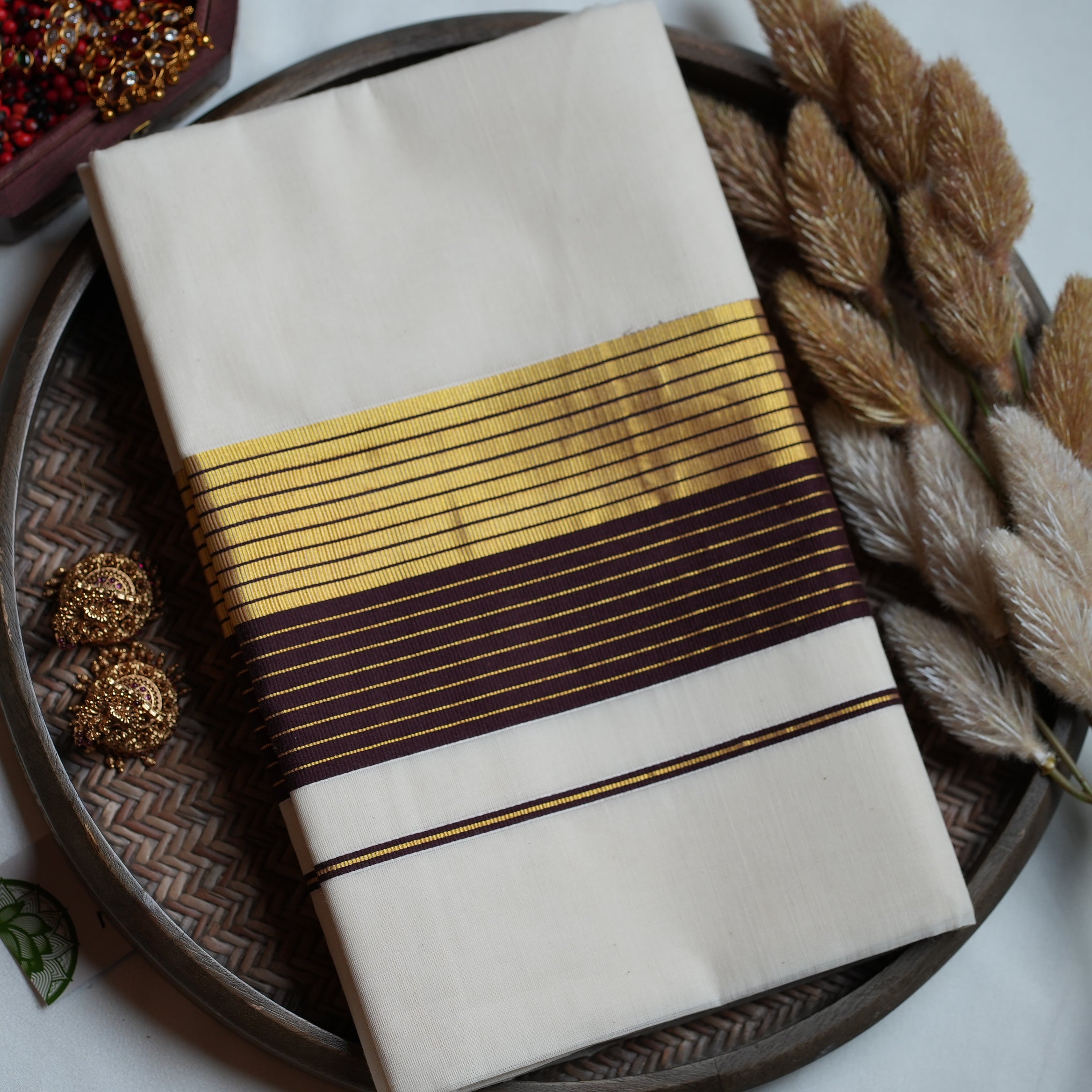 🪵 Sophisticated Coffee Brown & Golden Zari: Cotton Kerala Set Saree 💫