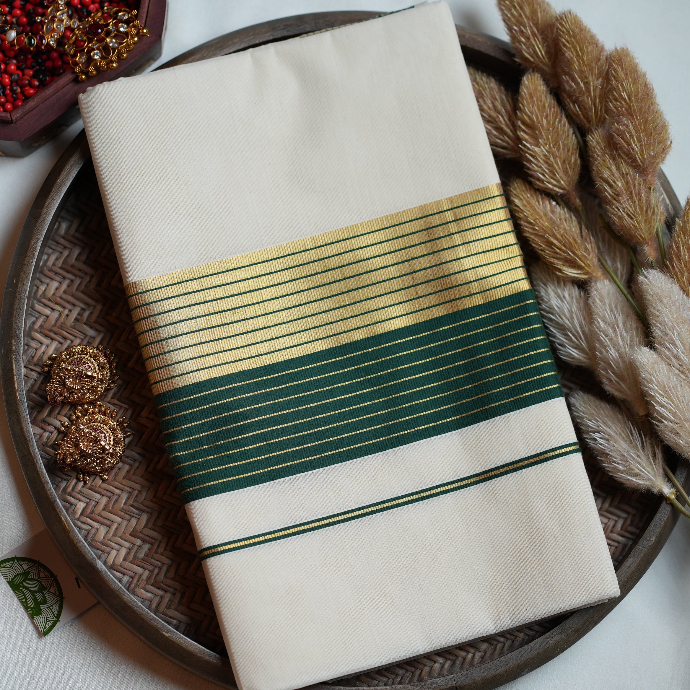 🌿 Forest Green & Golden Zari : Cotton Kerala Set Saree 💫