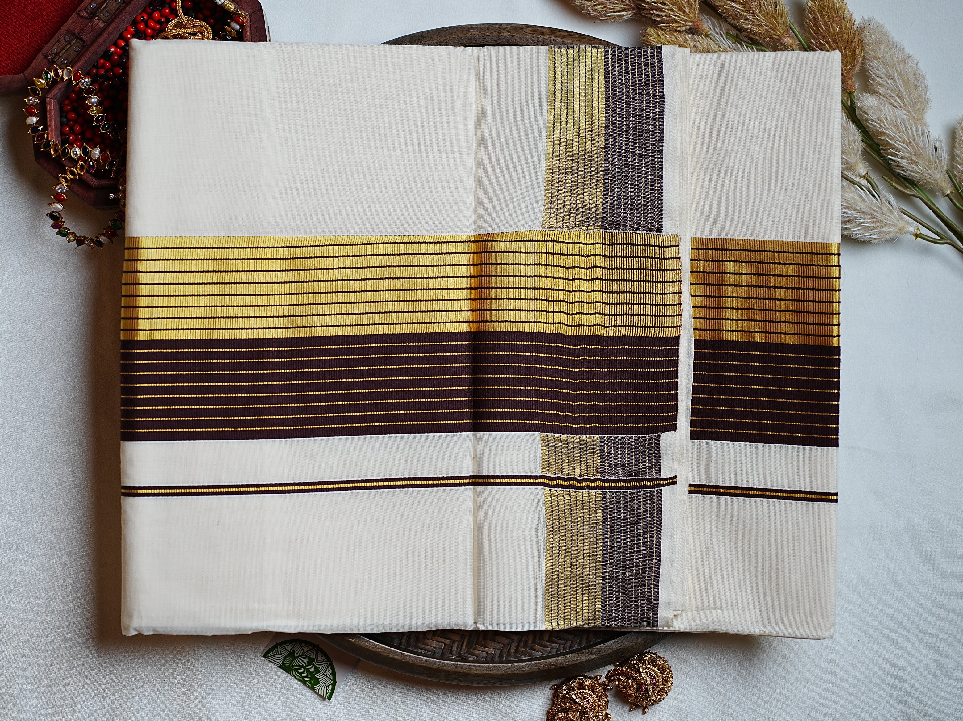 🪵 Sophisticated Coffee Brown & Golden Zari: Cotton Kerala Set Saree 💫