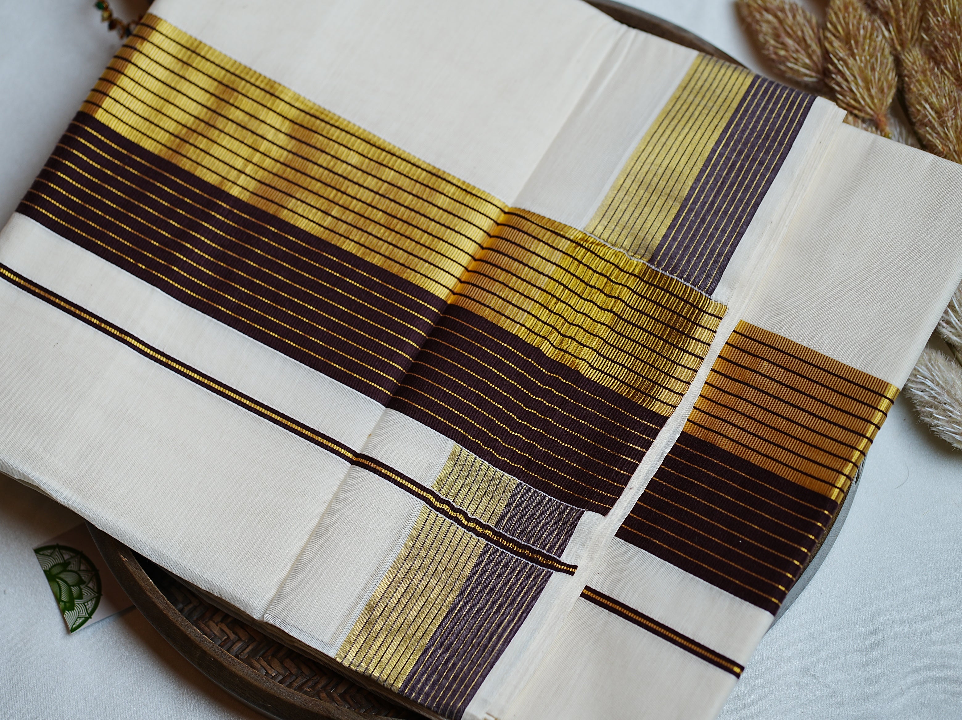 🪵 Sophisticated Coffee Brown & Golden Zari: Cotton Kerala Set Saree 💫