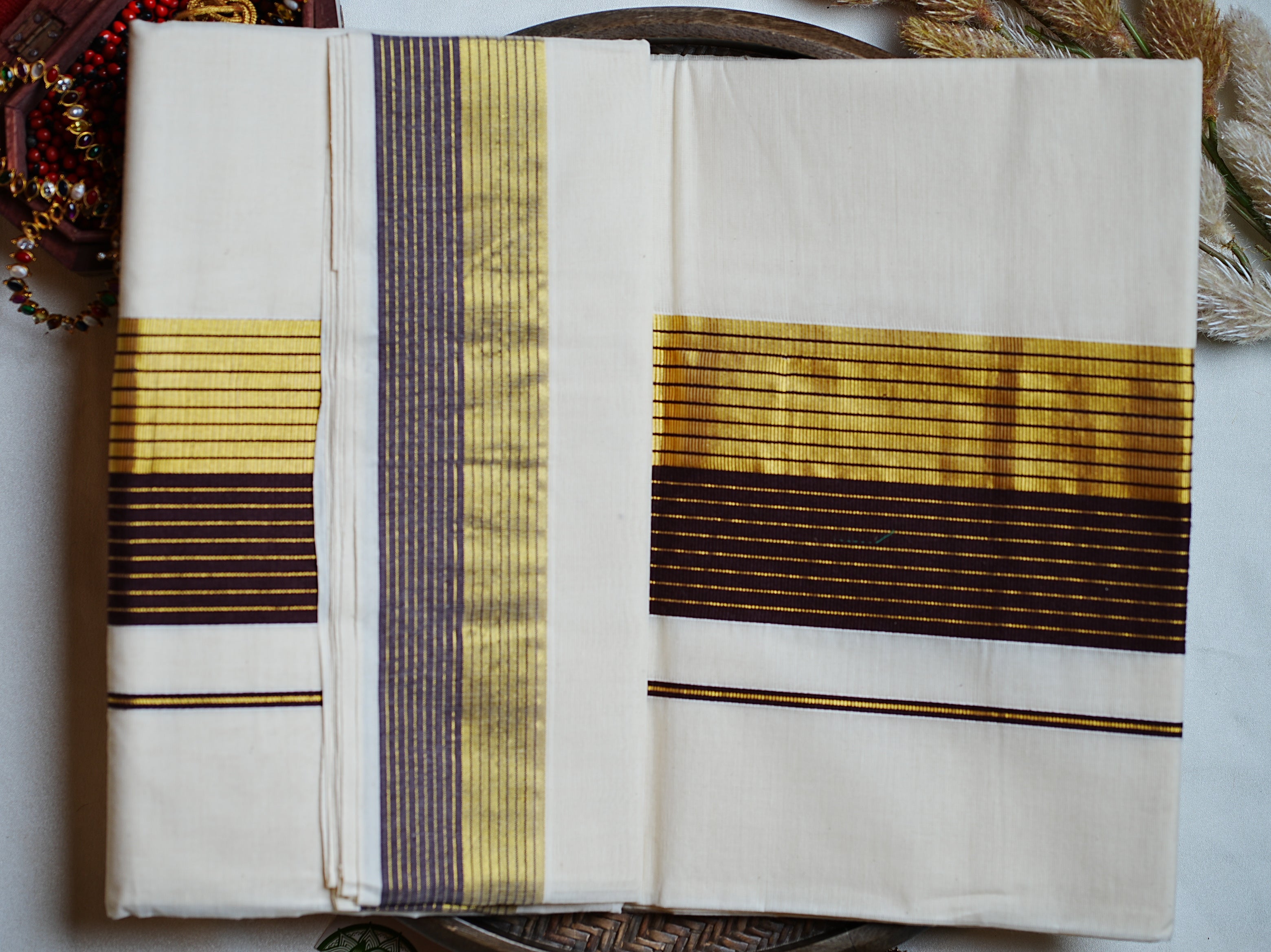 🪵 Sophisticated Coffee Brown & Golden Zari: Cotton Kerala Set Saree 💫