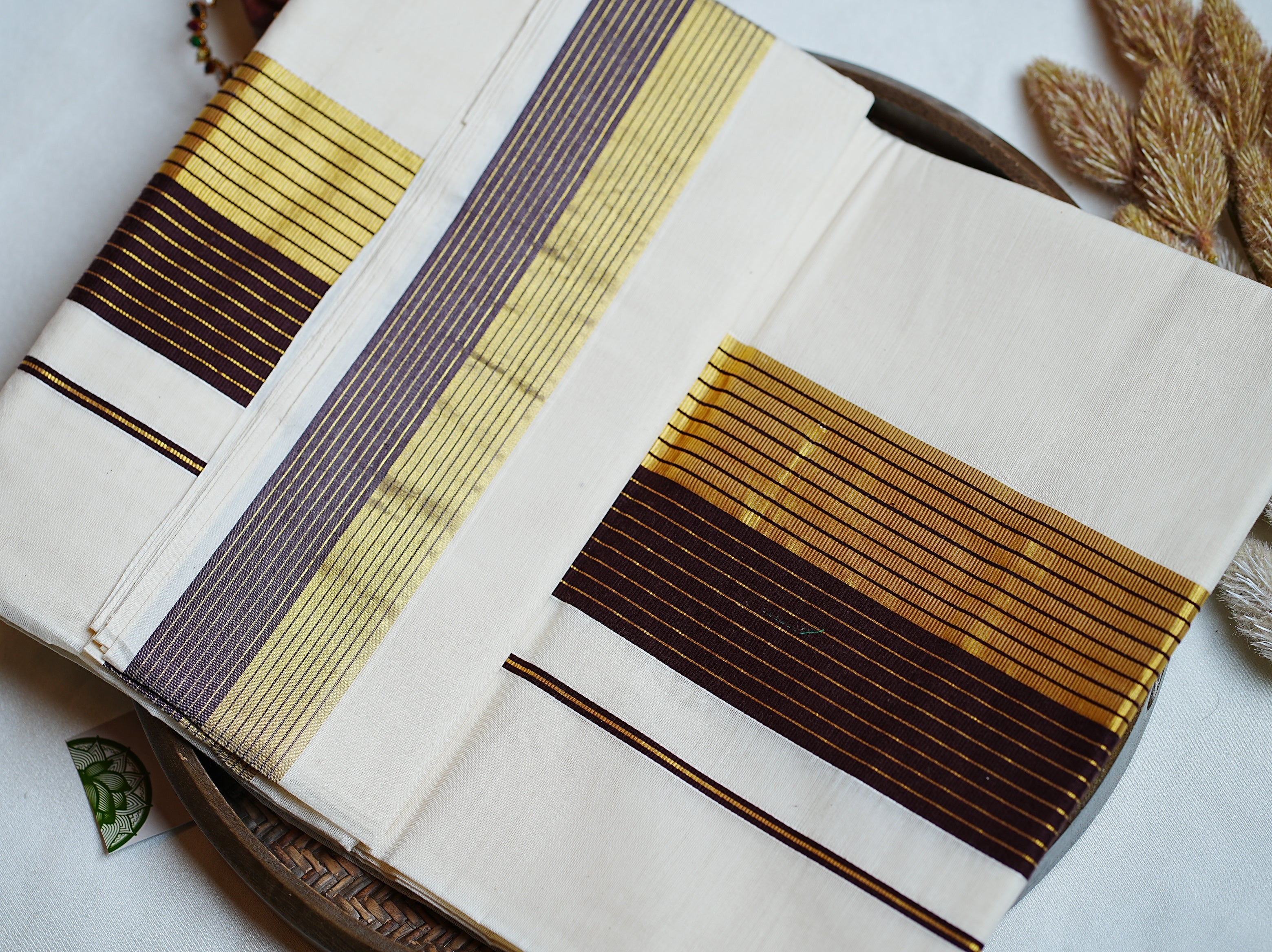 🪵 Sophisticated Coffee Brown & Golden Zari: Cotton Kerala Set Saree 💫