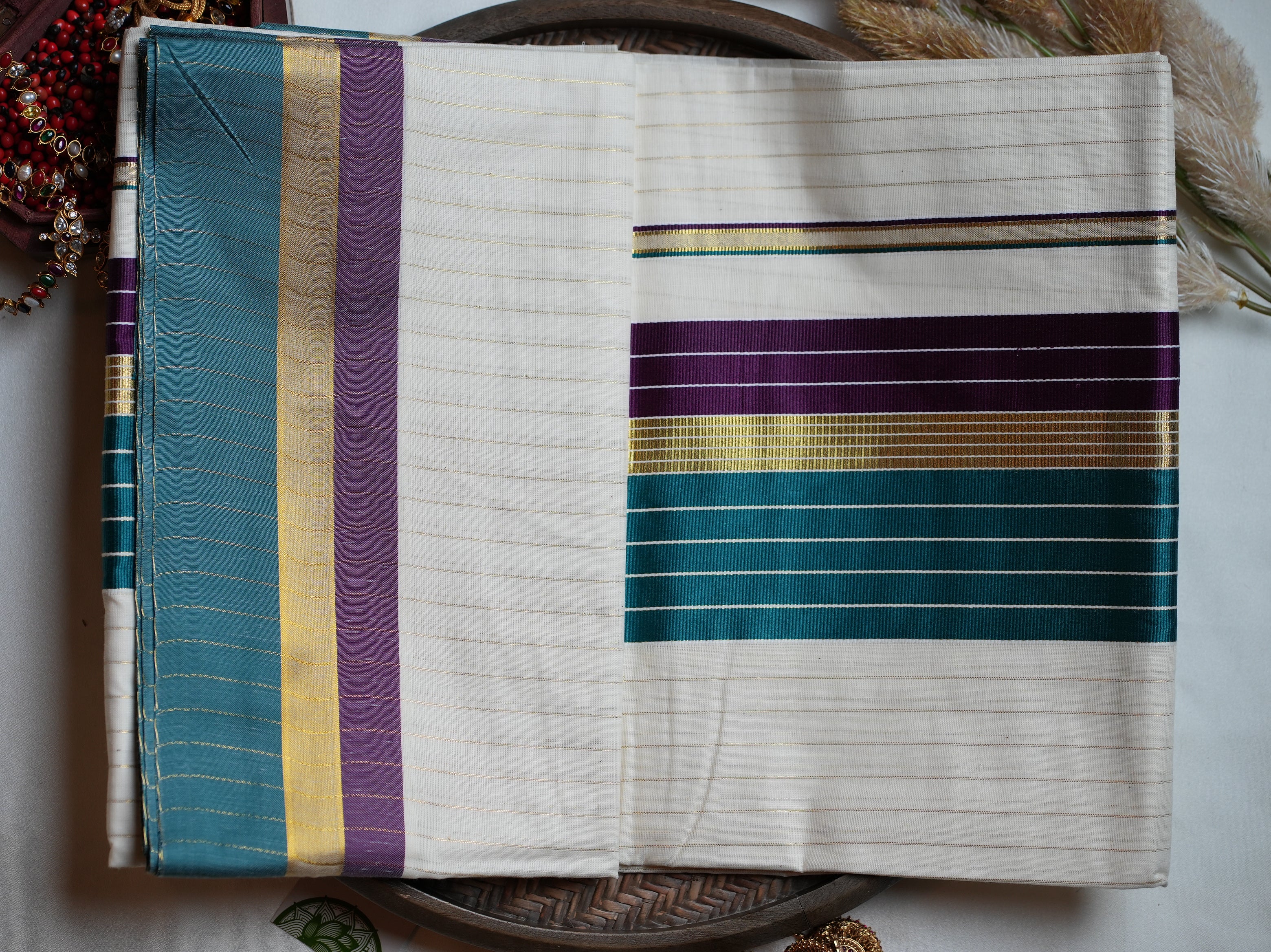 🌟 Teal, Purple & Golden Zari: The Premium Cotton Kerala Set Saree 💫