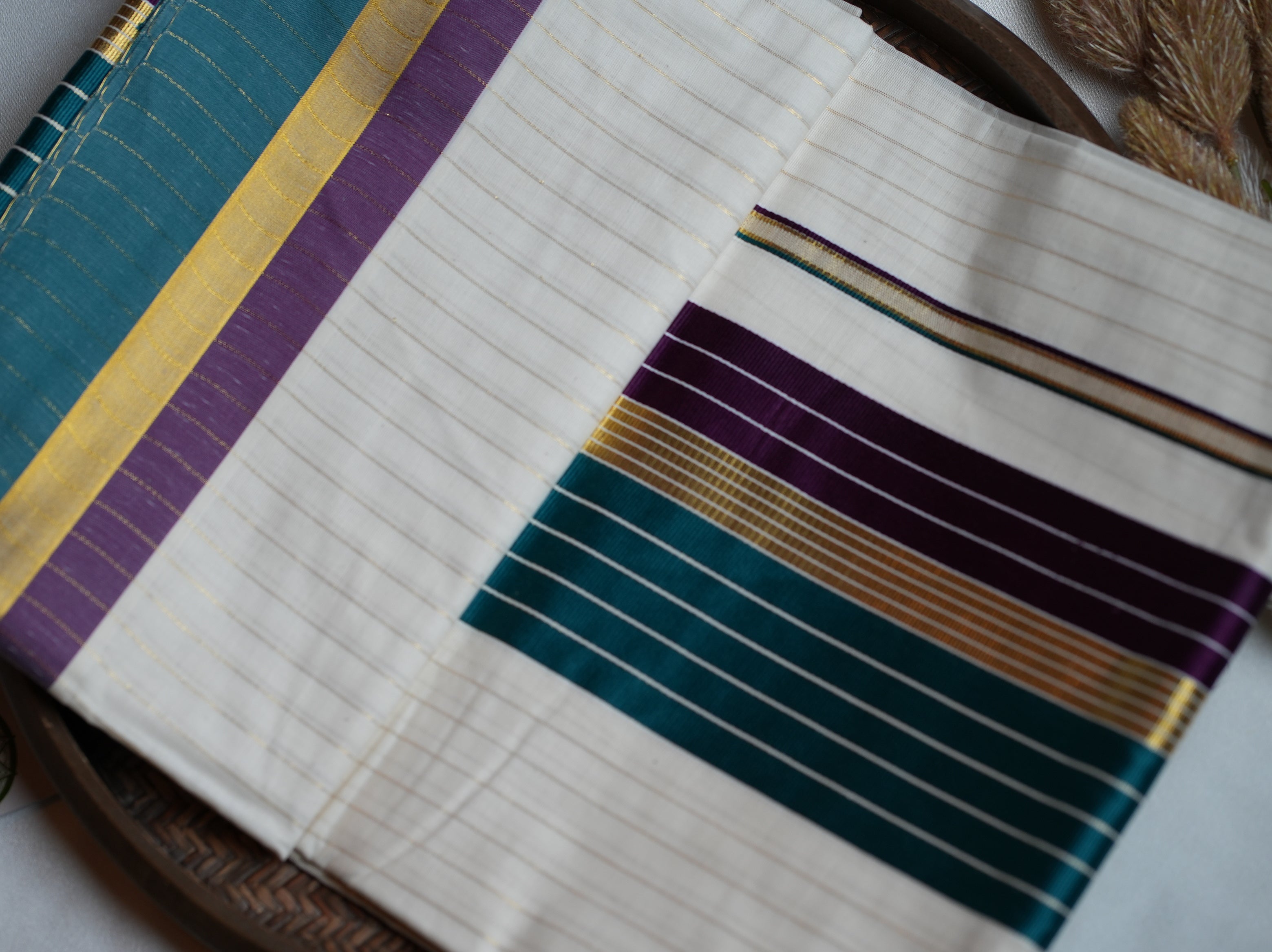 🌟 Teal, Purple & Golden Zari: The Premium Cotton Kerala Set Saree 💫