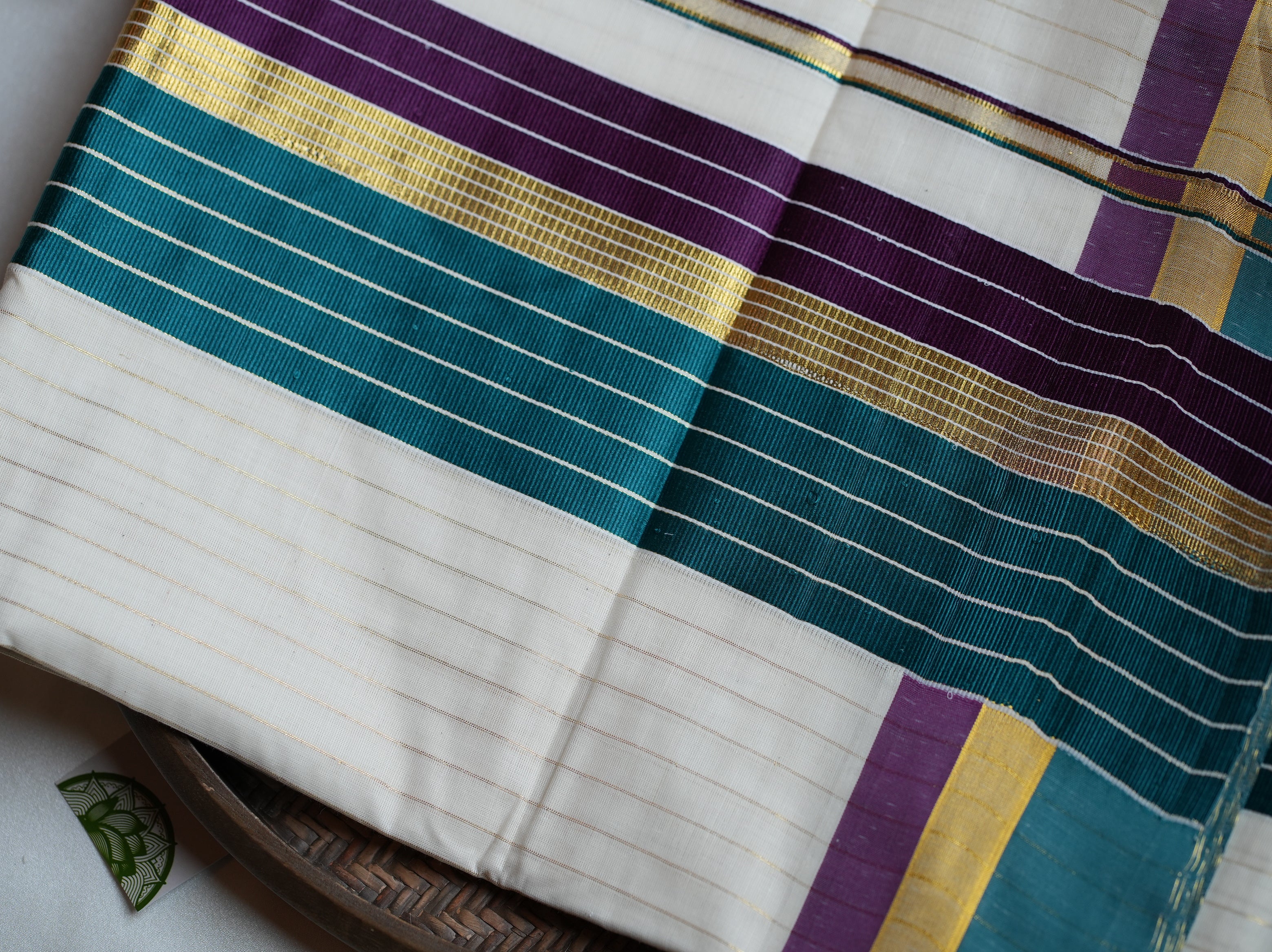 🌟 Teal, Purple & Golden Zari: The Premium Cotton Kerala Set Saree 💫