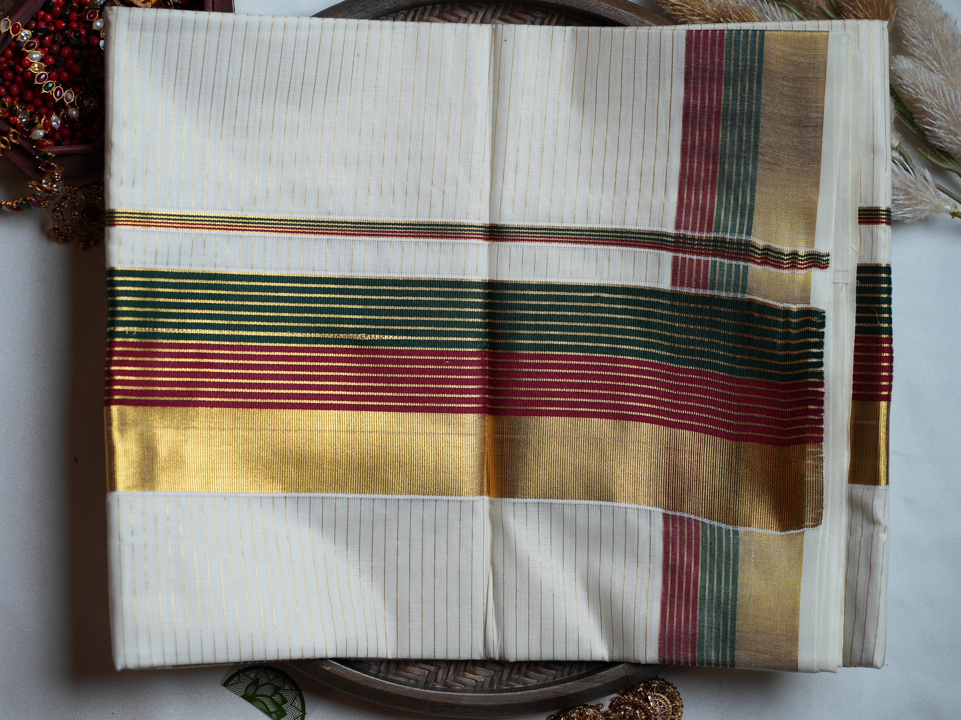 🌺 Tri-Tone Kasavu Stripes Cotton Kerala Saree ✨