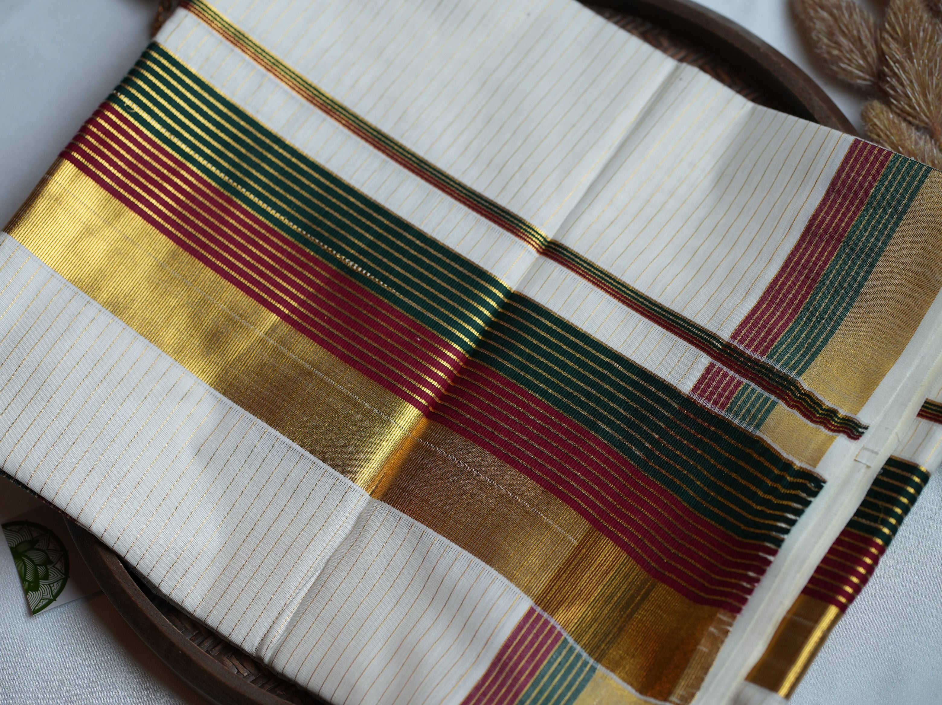 🌺 Tri-Tone Kasavu Stripes Cotton Kerala Saree ✨