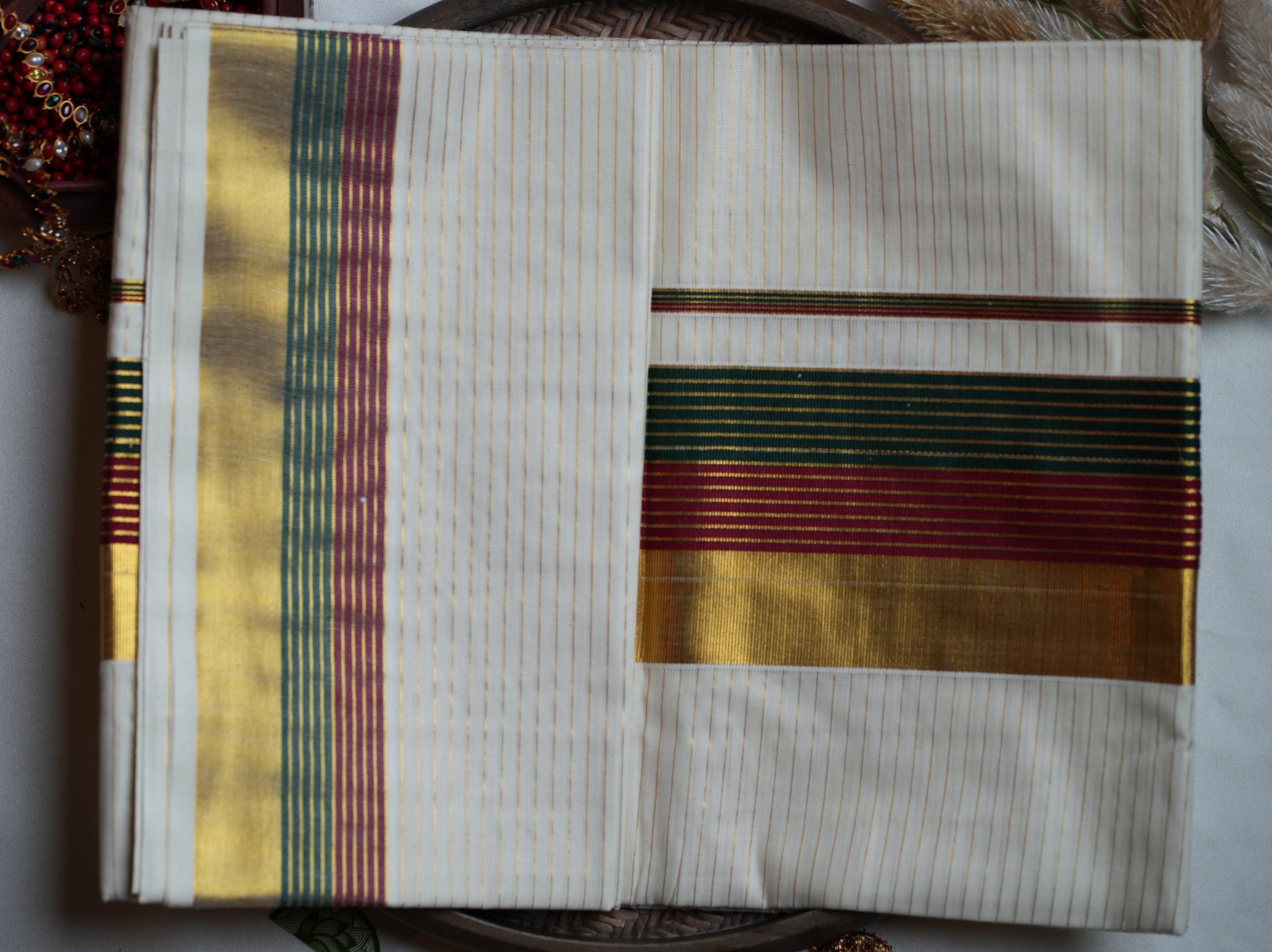 🌺 Tri-Tone Kasavu Stripes Cotton Kerala Saree ✨