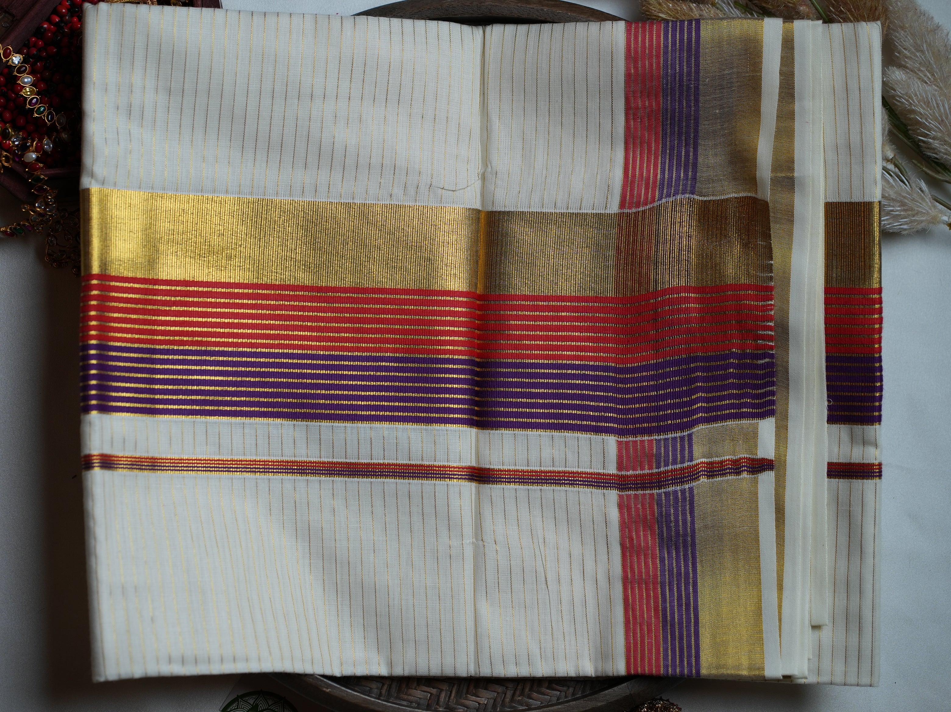 👑 Regal Royal Purple & Crimson Kasavu Cotton Kerala Saree ✨