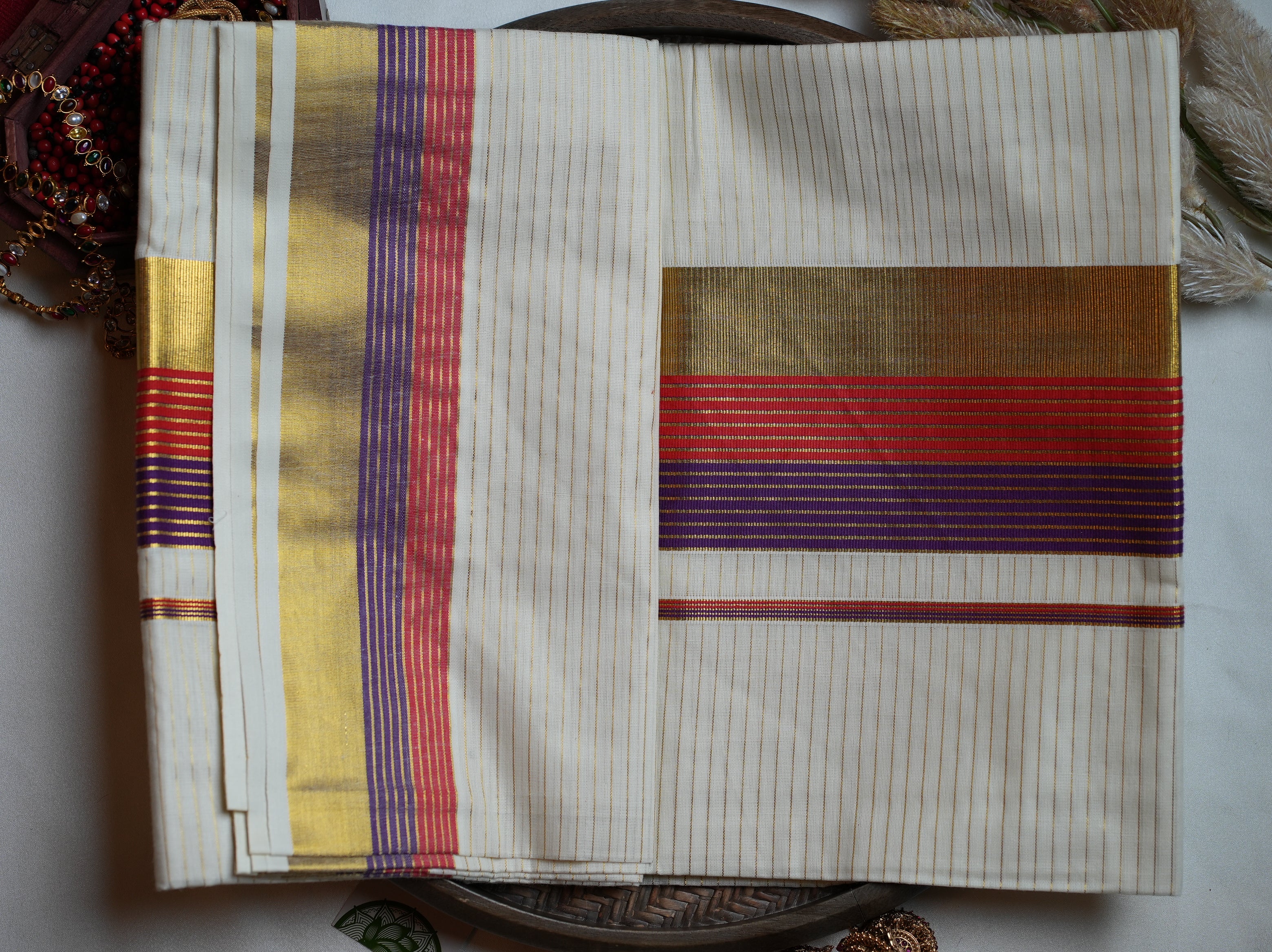 👑 Regal Royal Purple & Crimson Kasavu Cotton Kerala Saree ✨