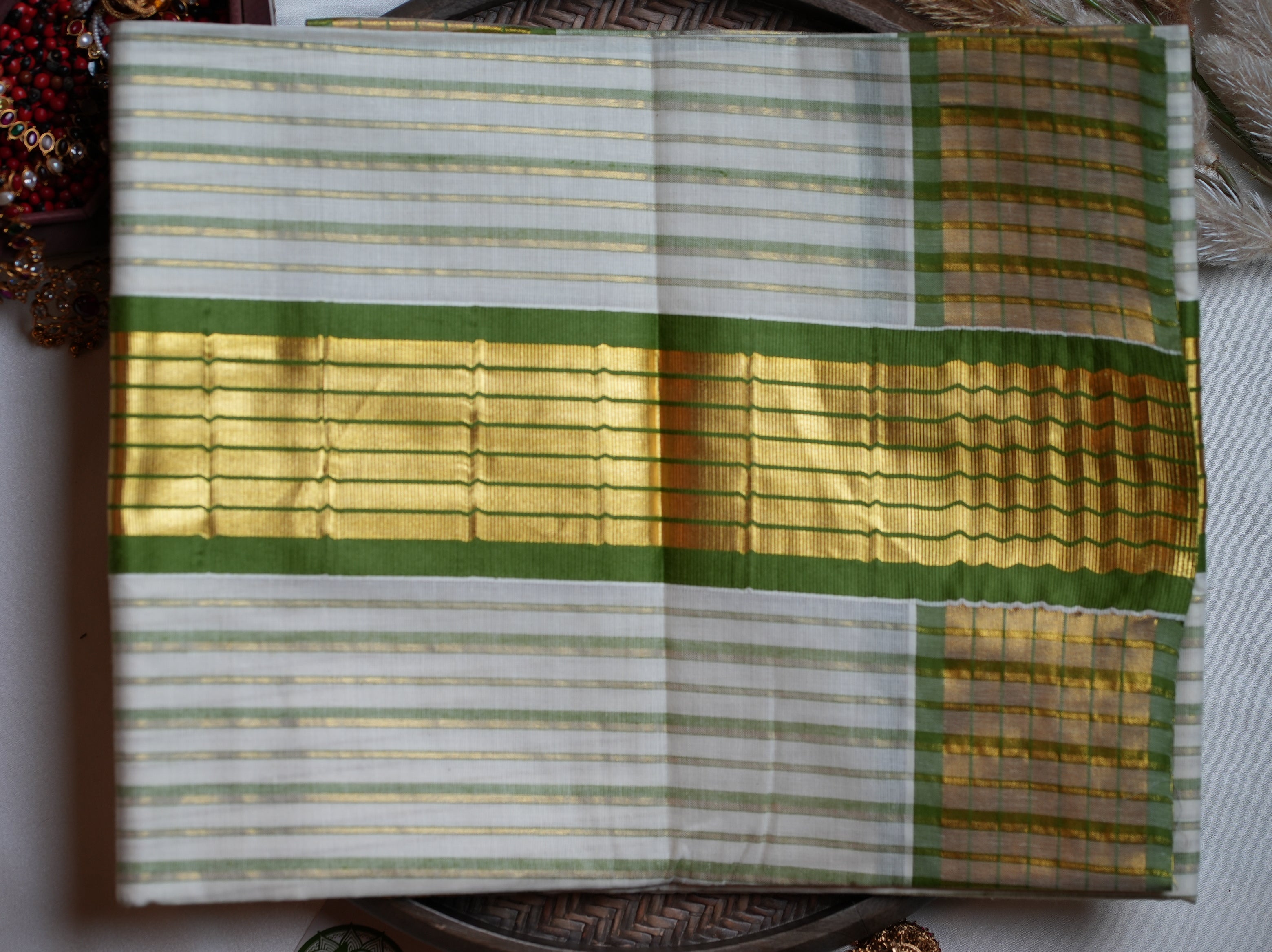 🌿 Olive Whispers & Golden Stripes Cotton Kerala Saree ✨