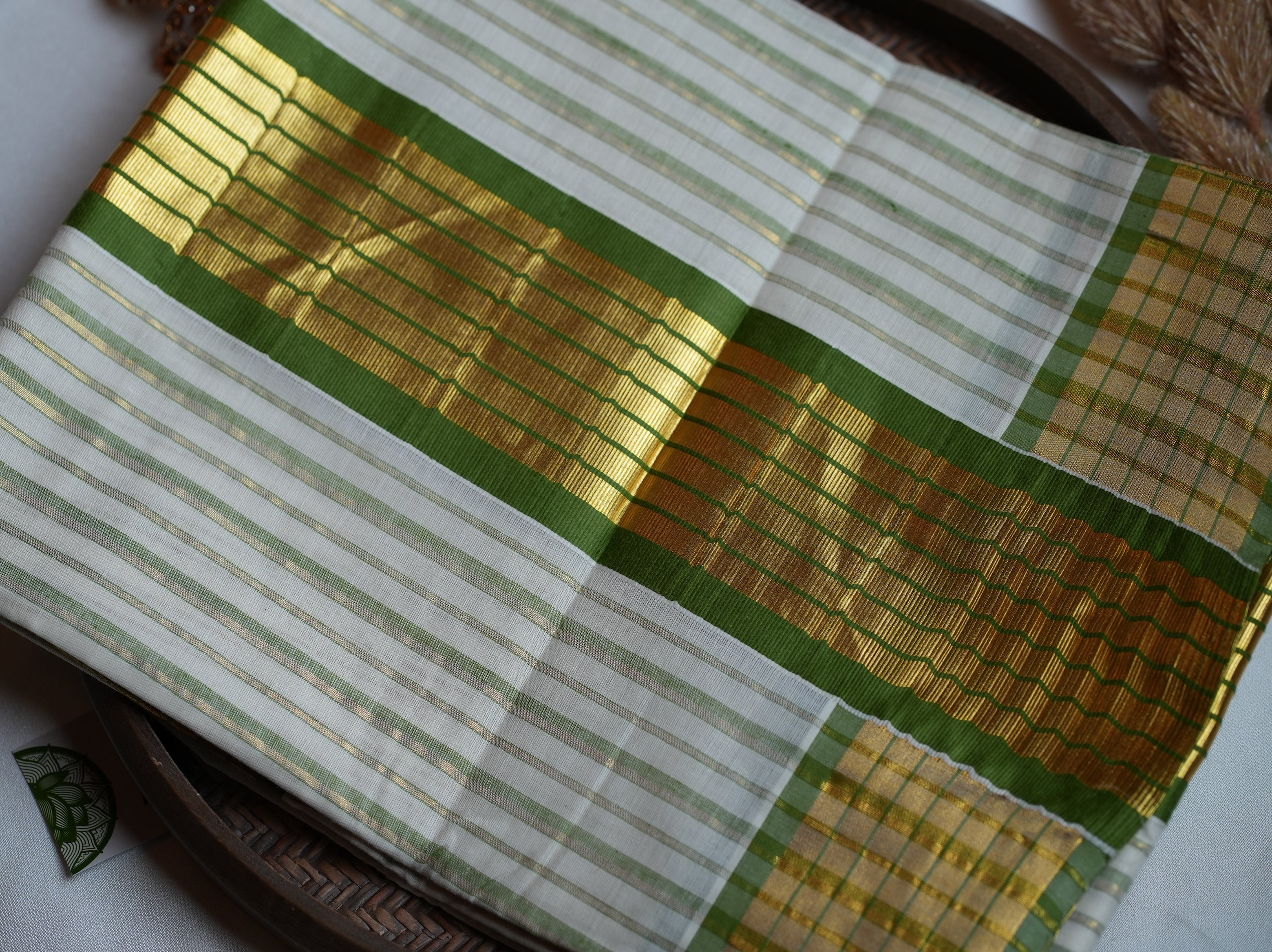 🌿 Olive Whispers & Golden Stripes Cotton Kerala Saree ✨