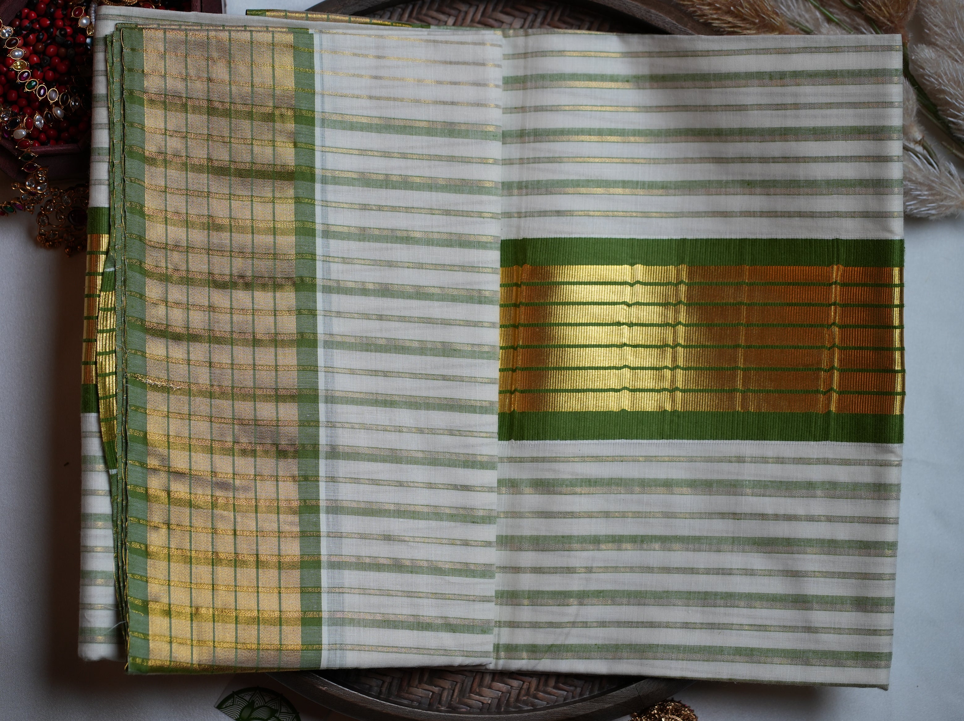 🌿 Olive Whispers & Golden Stripes Cotton Kerala Saree ✨