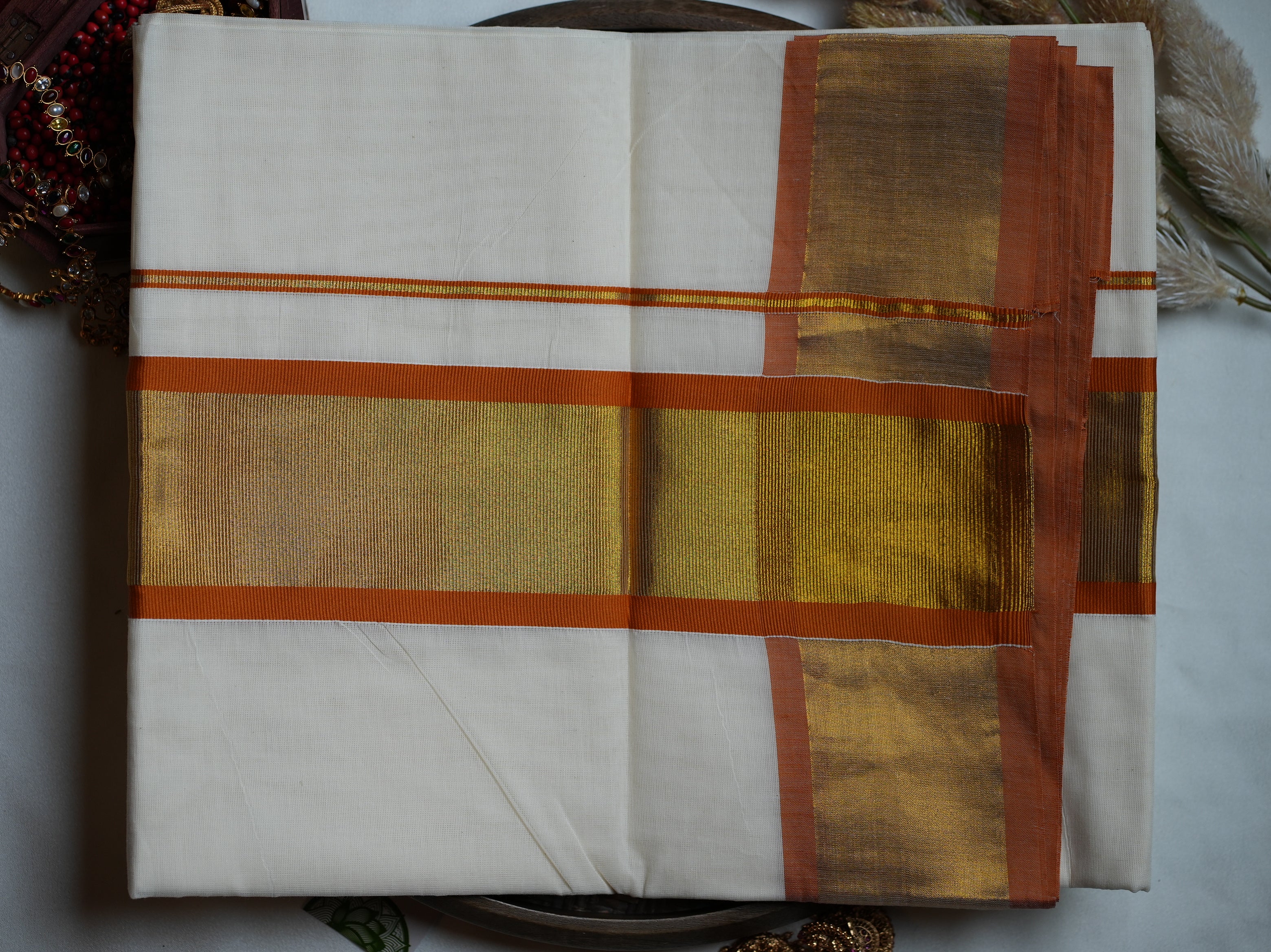 🍂 Terracotta Glow & Kasavu Zari Cotton Kerala Saree ✨