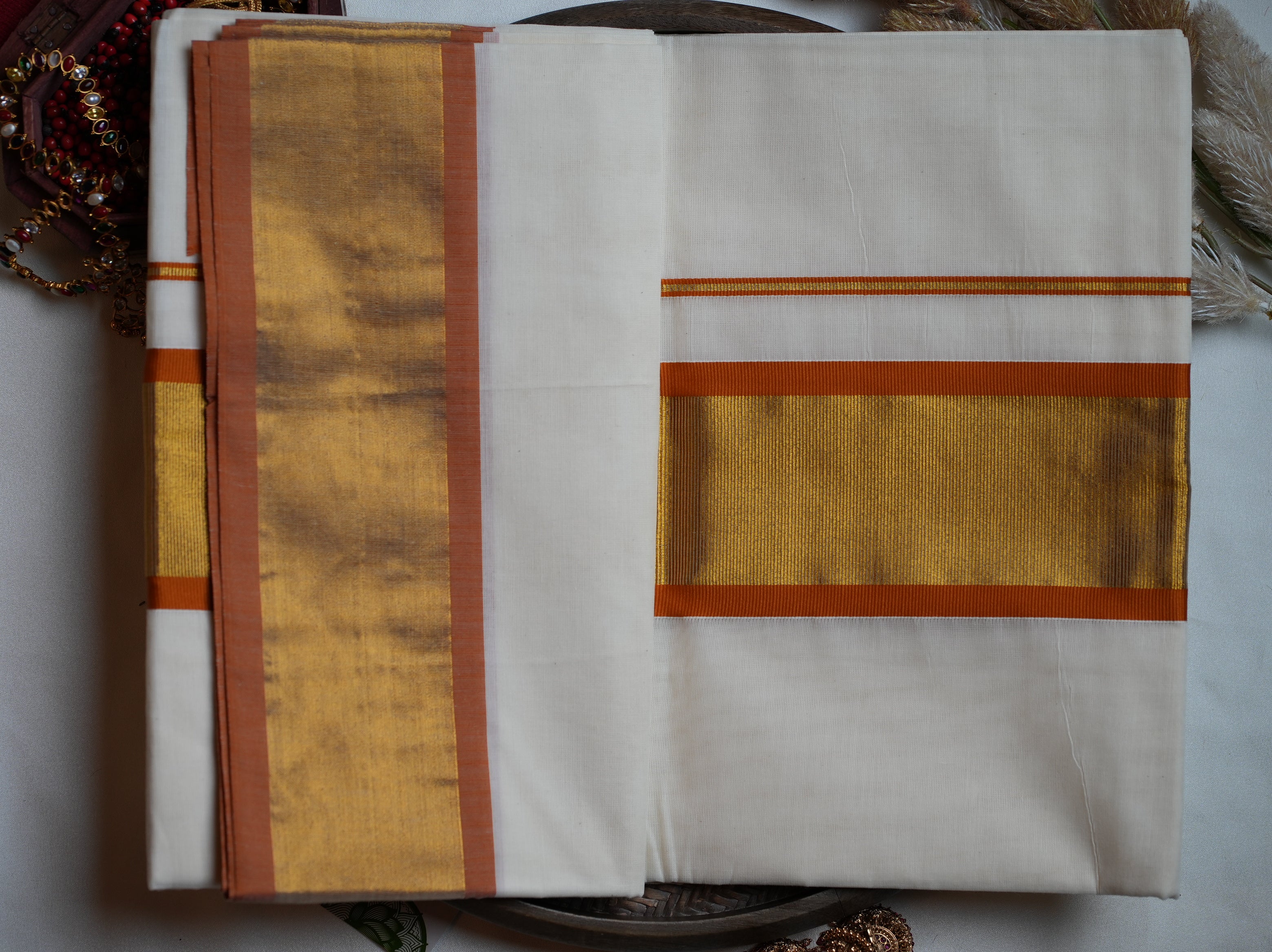 🍂 Terracotta Glow & Kasavu Zari Cotton Kerala Saree ✨