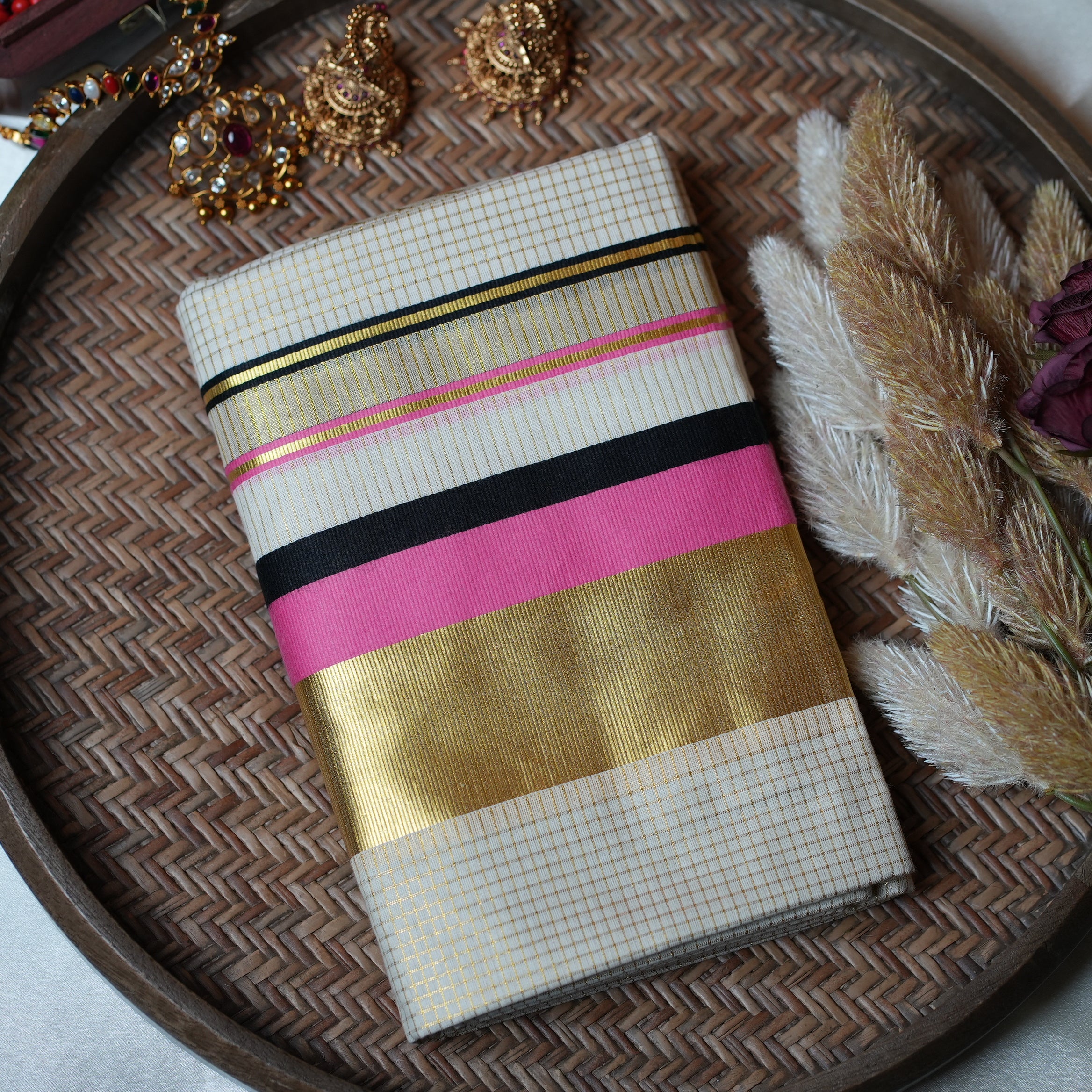 🌸 Vibrant Candy Pink & Charcoal: Premium Checkered Cotton Kerala Single Set Mundu ✨