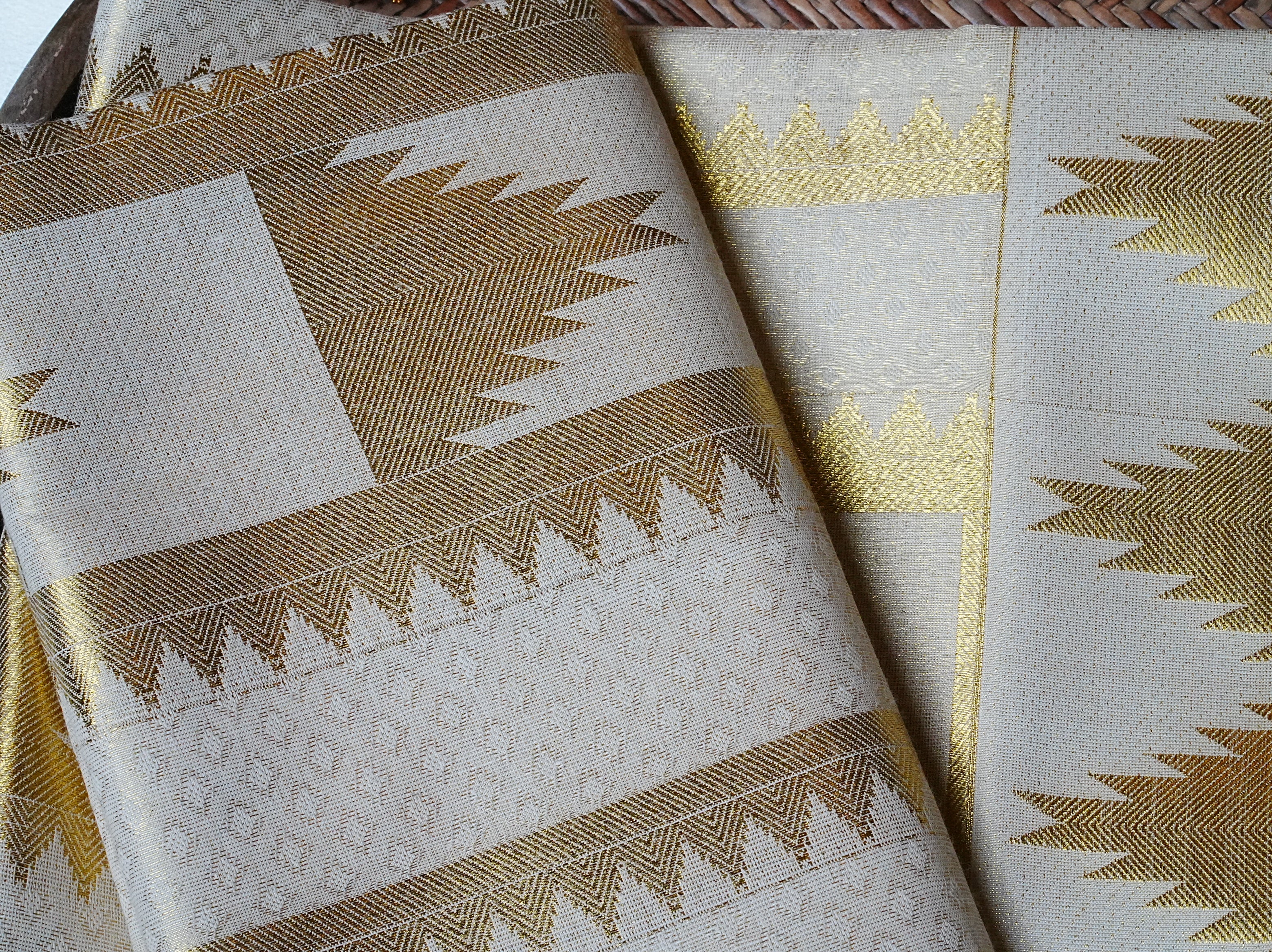 🔱 Royal Double-Kara Temple & Chevron Jacquard: Premium Cotton Single Set Mundu ✨