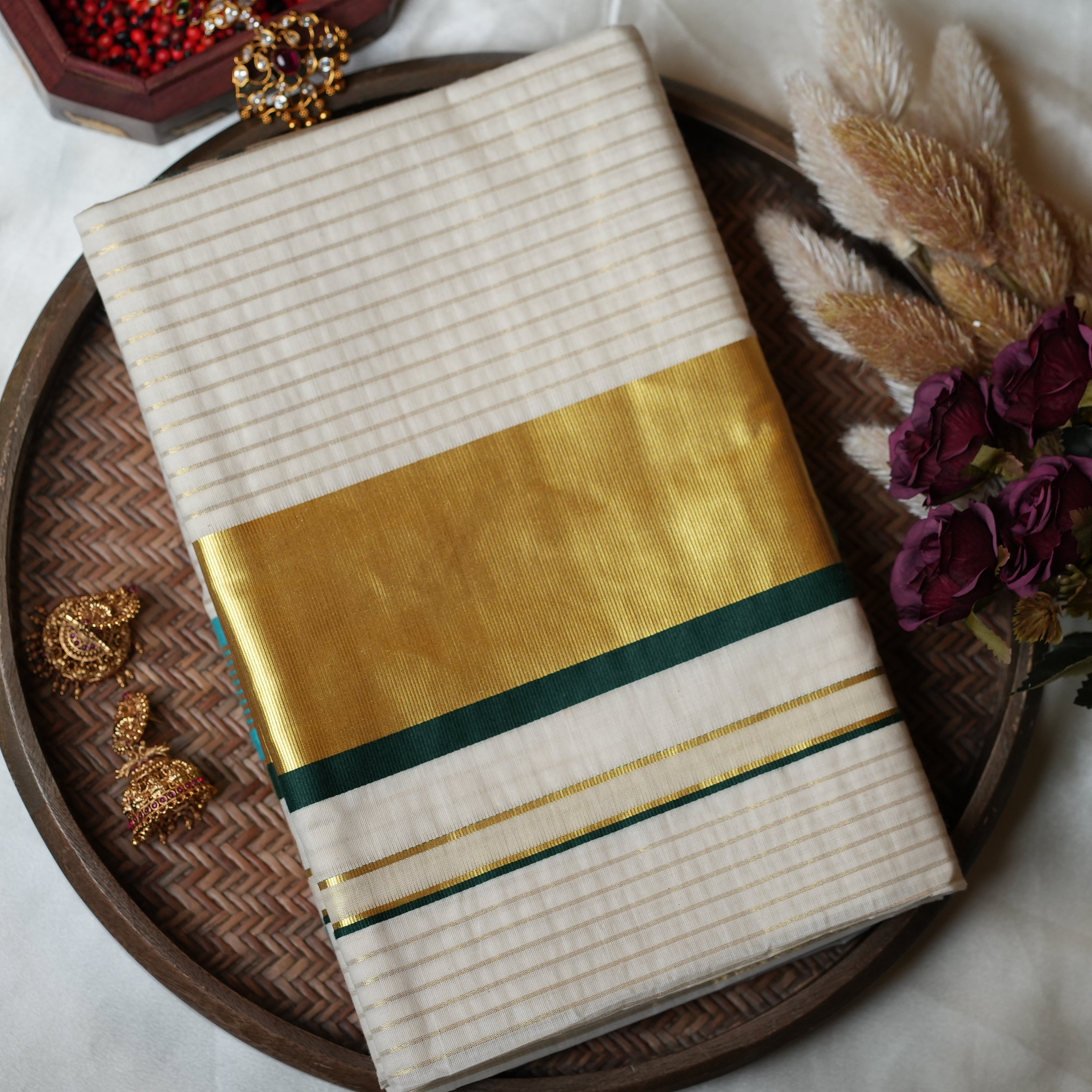 🌟 Golden Zari Checks & Forest Green: Premium Cotton Kerala Saree ✨