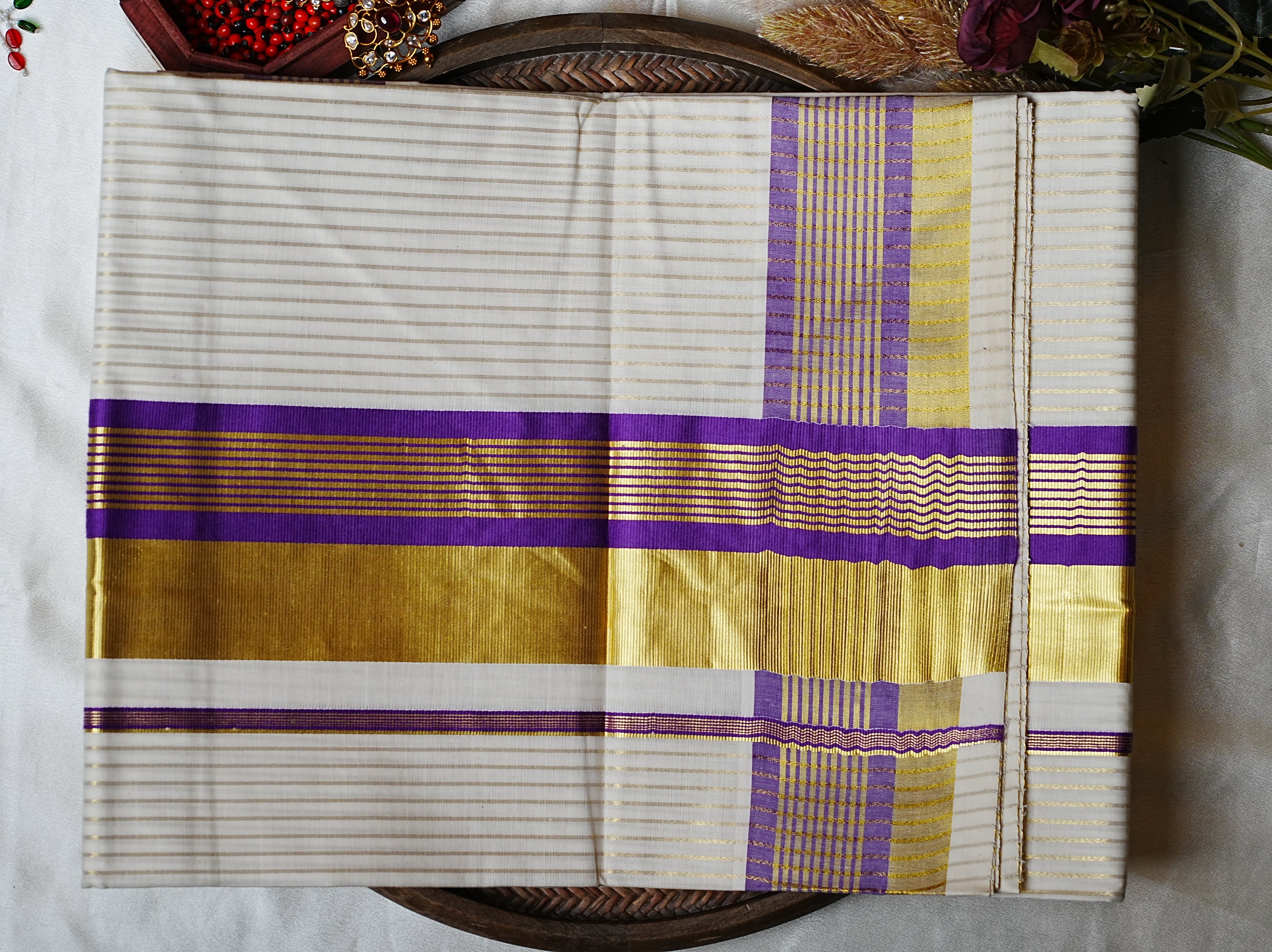 💜 Golden Zari Stripes & Deep Violet Accent: Premium Cotton Kerala Saree ✨