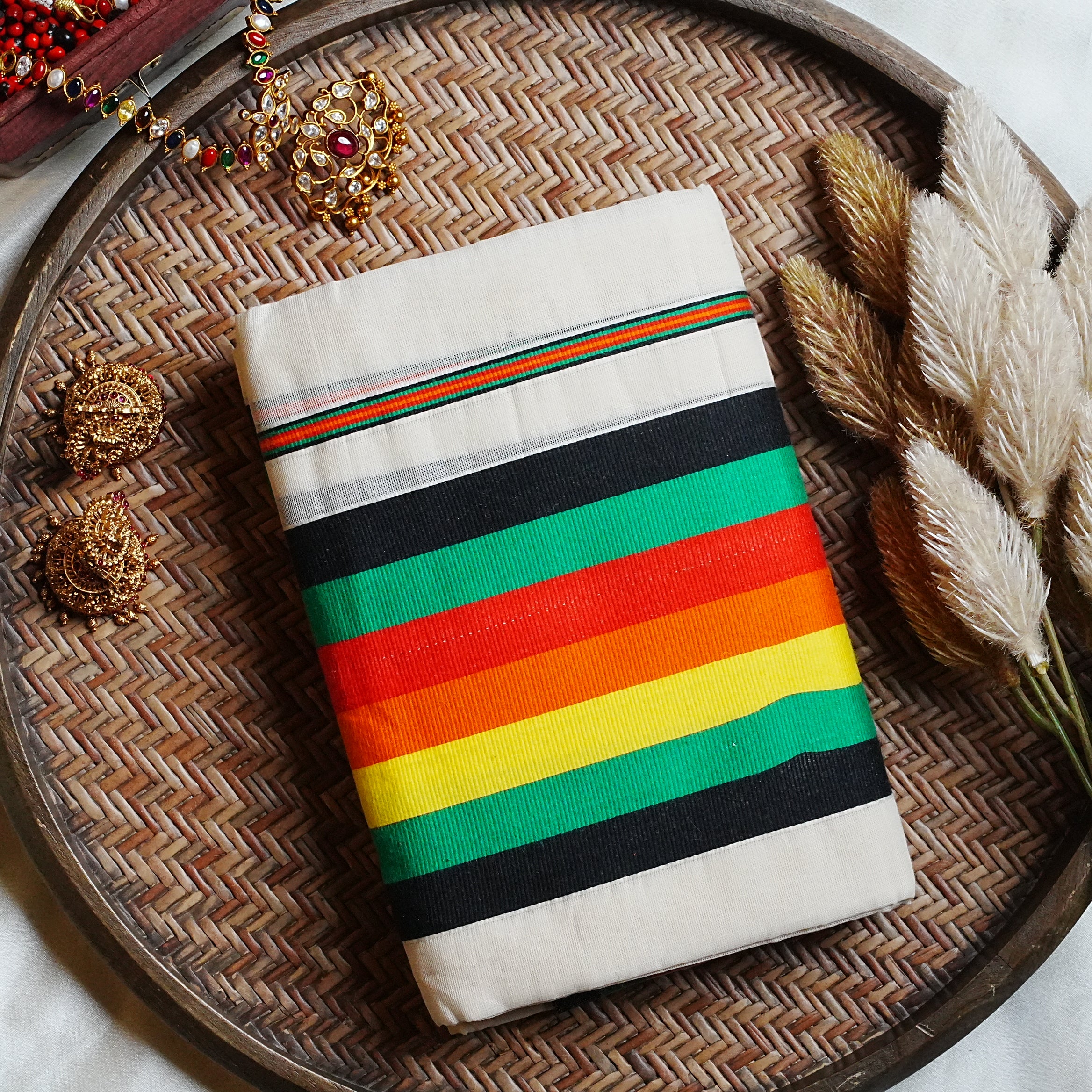 🌈 Vibrant Multi-Color Striped Border: Premium Cotton Kerala Set Mundu ✨