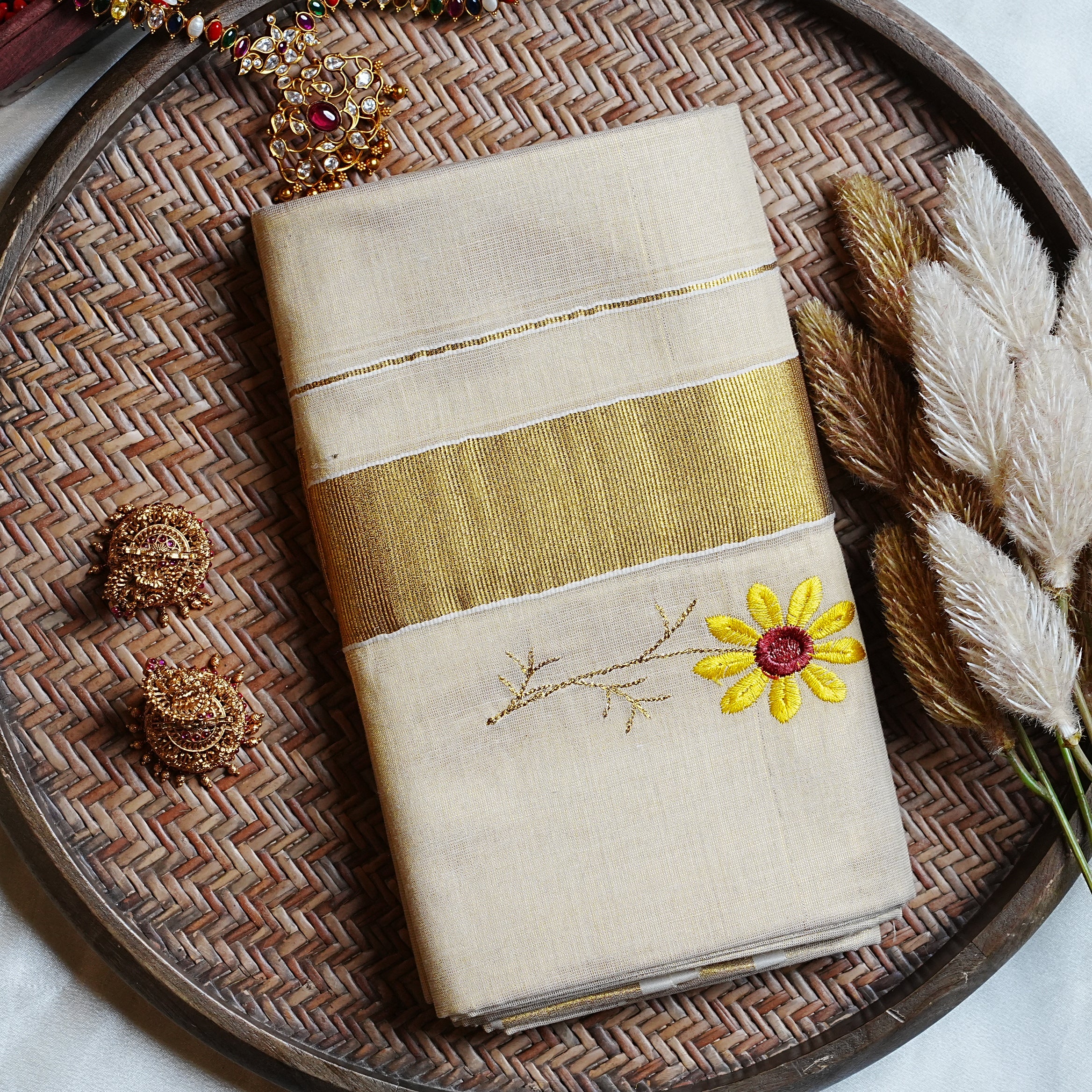 🌻 Floral Embroidery Tissue Kerala Set Mundu with Golden Kasavu Border 🌟