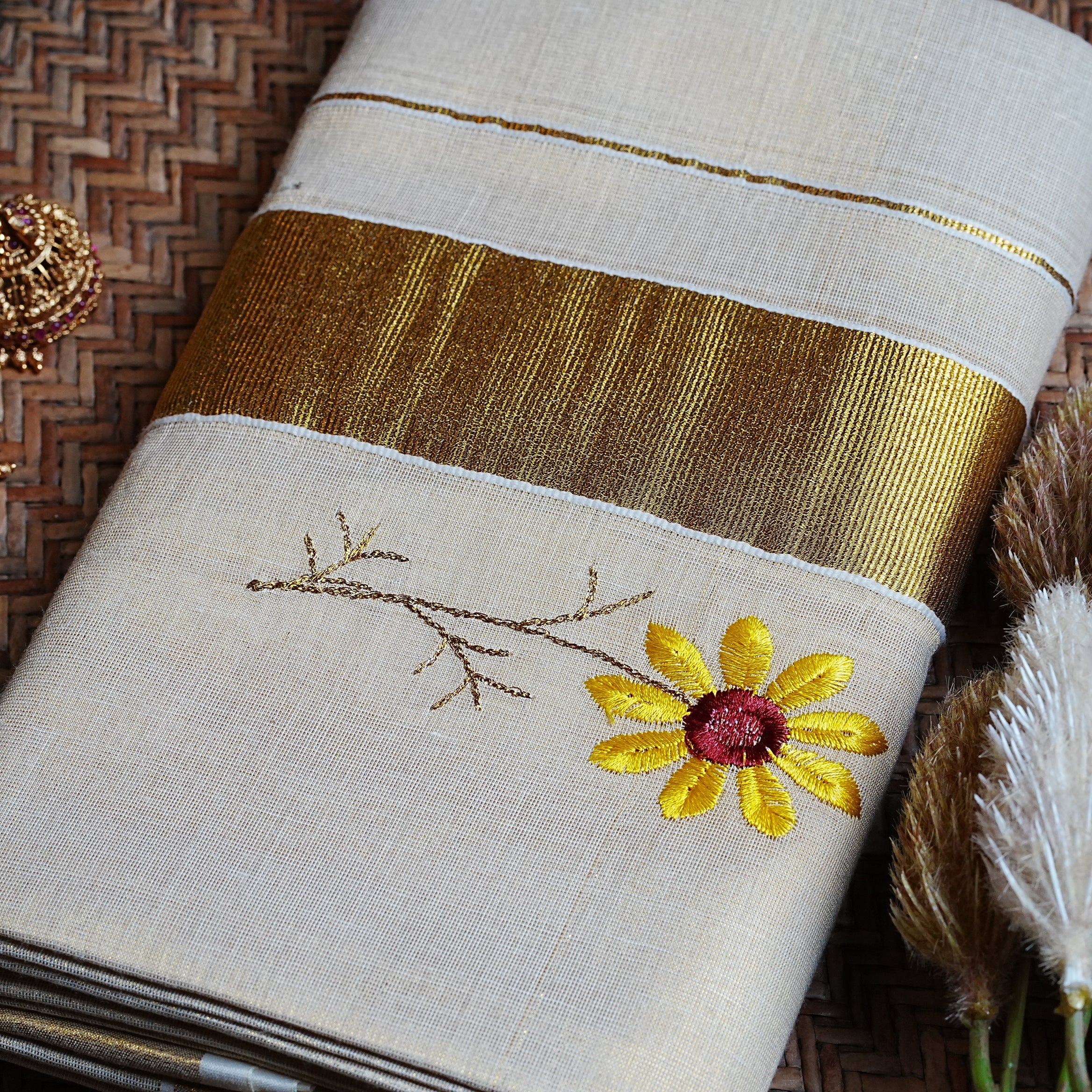 🌻 Floral Embroidery Tissue Kerala Set Mundu with Golden Kasavu Border 🌟