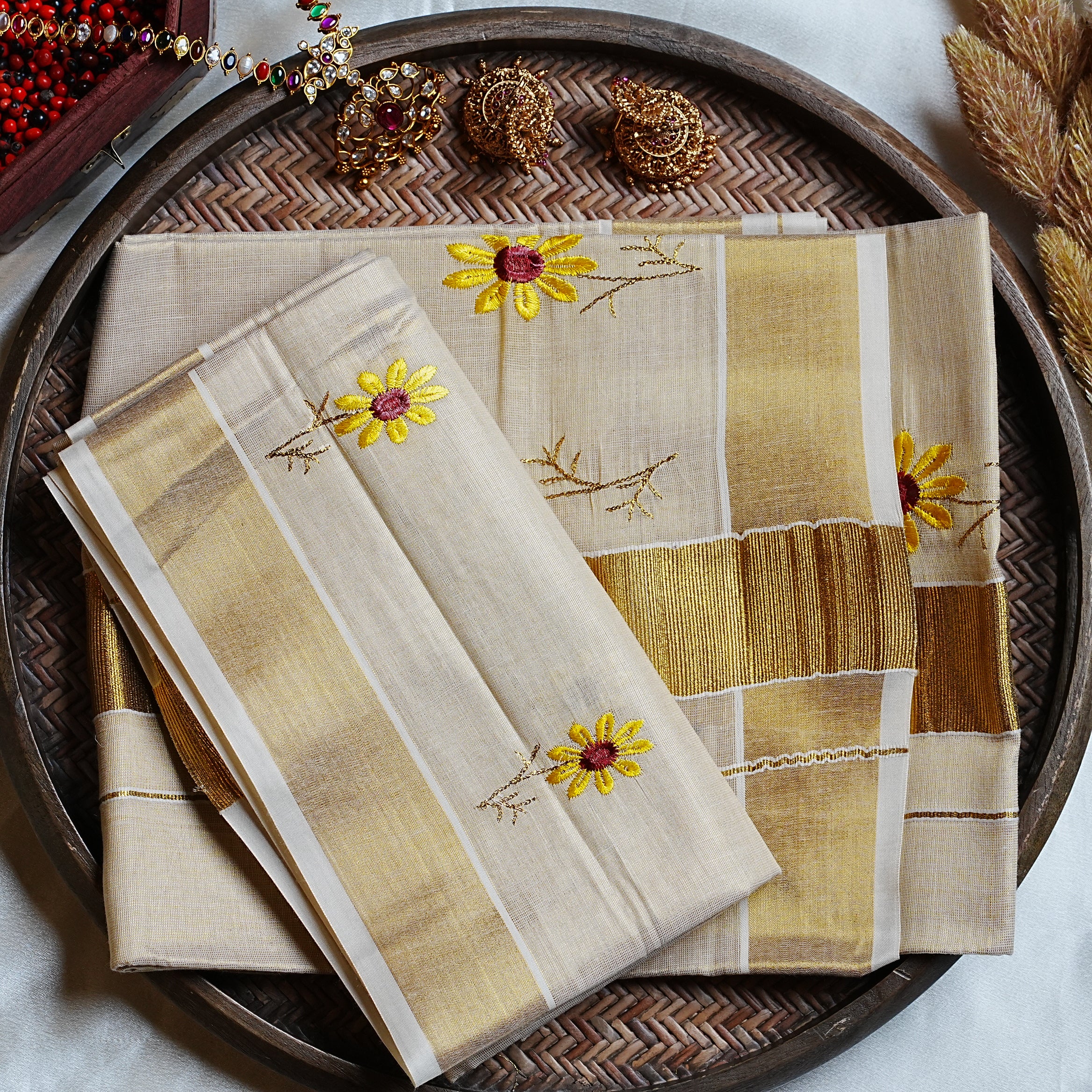 🌻 Floral Embroidery Tissue Kerala Set Mundu with Golden Kasavu Border 🌟