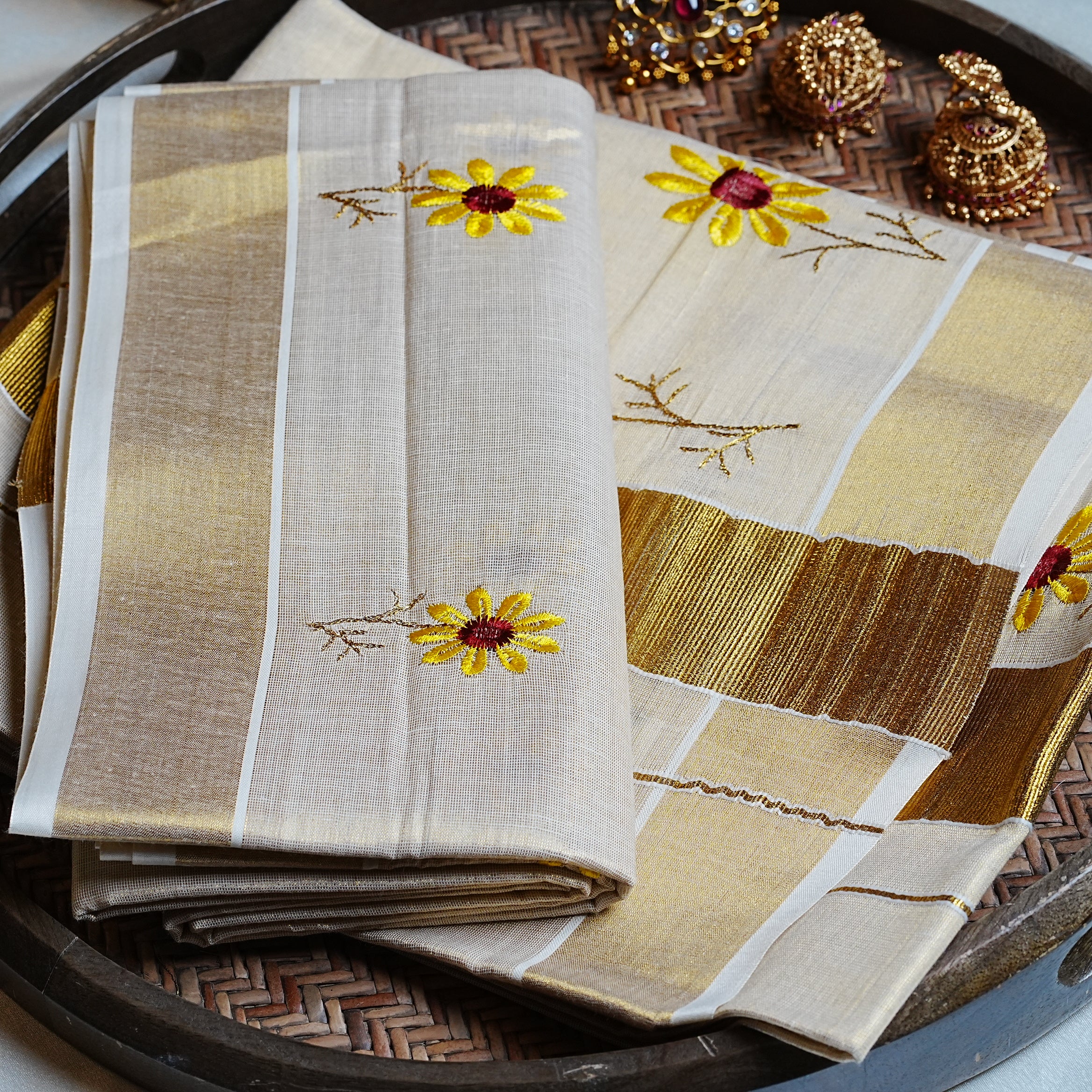 🌻 Floral Embroidery Tissue Kerala Set Mundu with Golden Kasavu Border 🌟