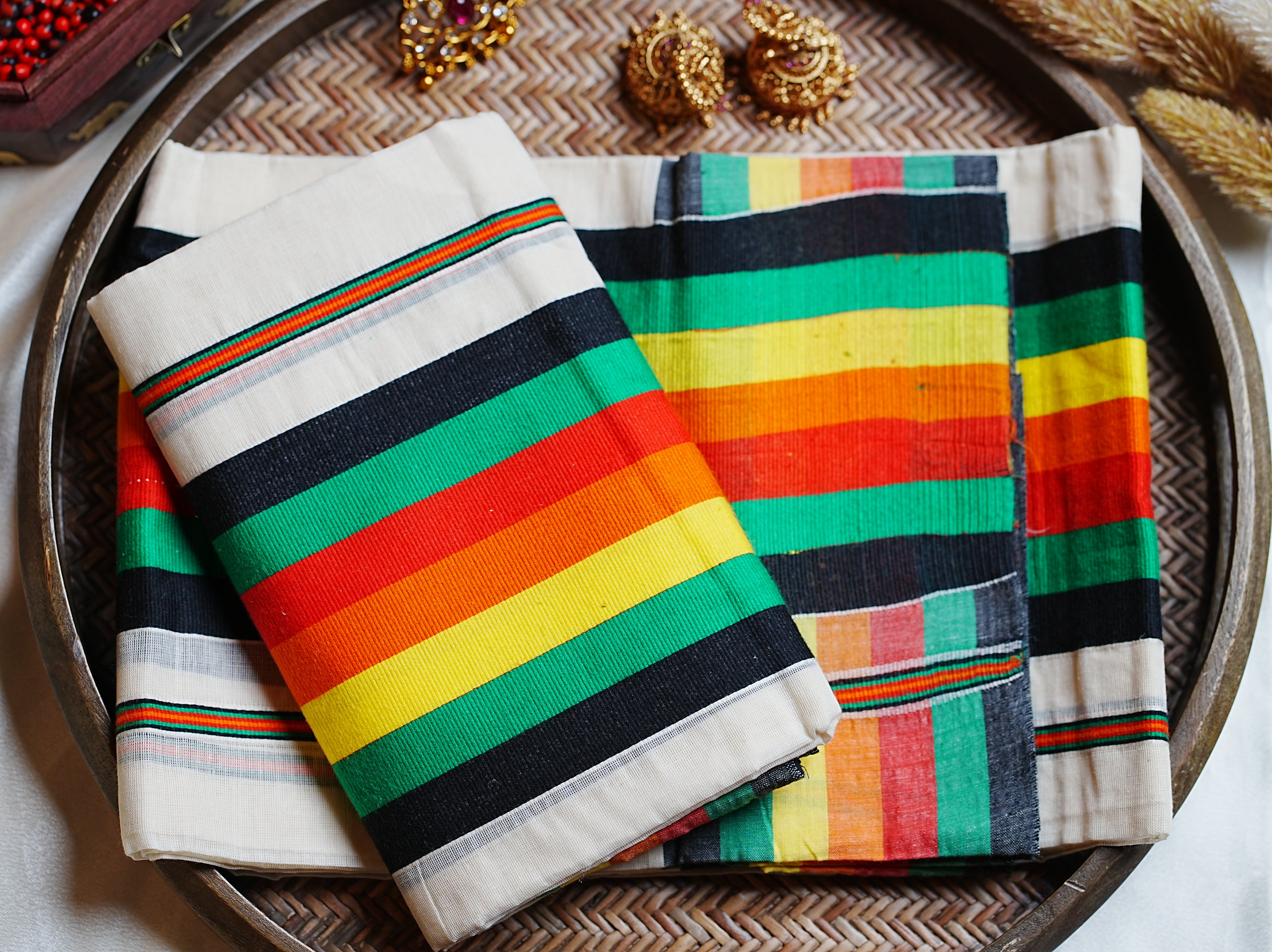 🌈 Vibrant Multi-Color Striped Border: Premium Cotton Kerala Set Mundu ✨