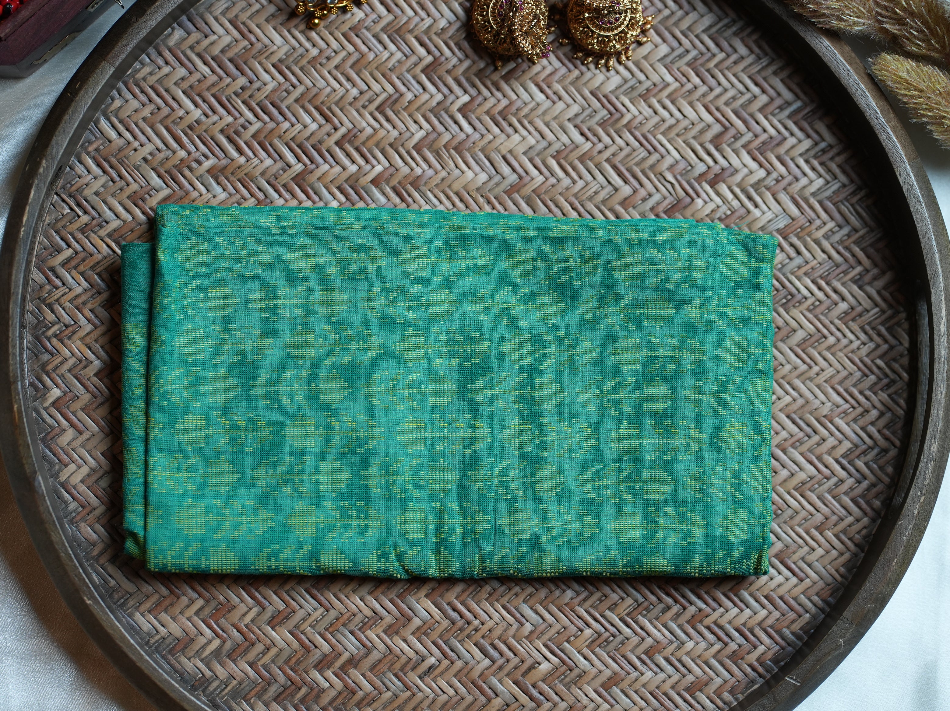 💛 Vibrant Yellow-Turquoise Striped Border Cotton Kerala Single Set Mundu & Motif Accent Blouse Piece  ✨