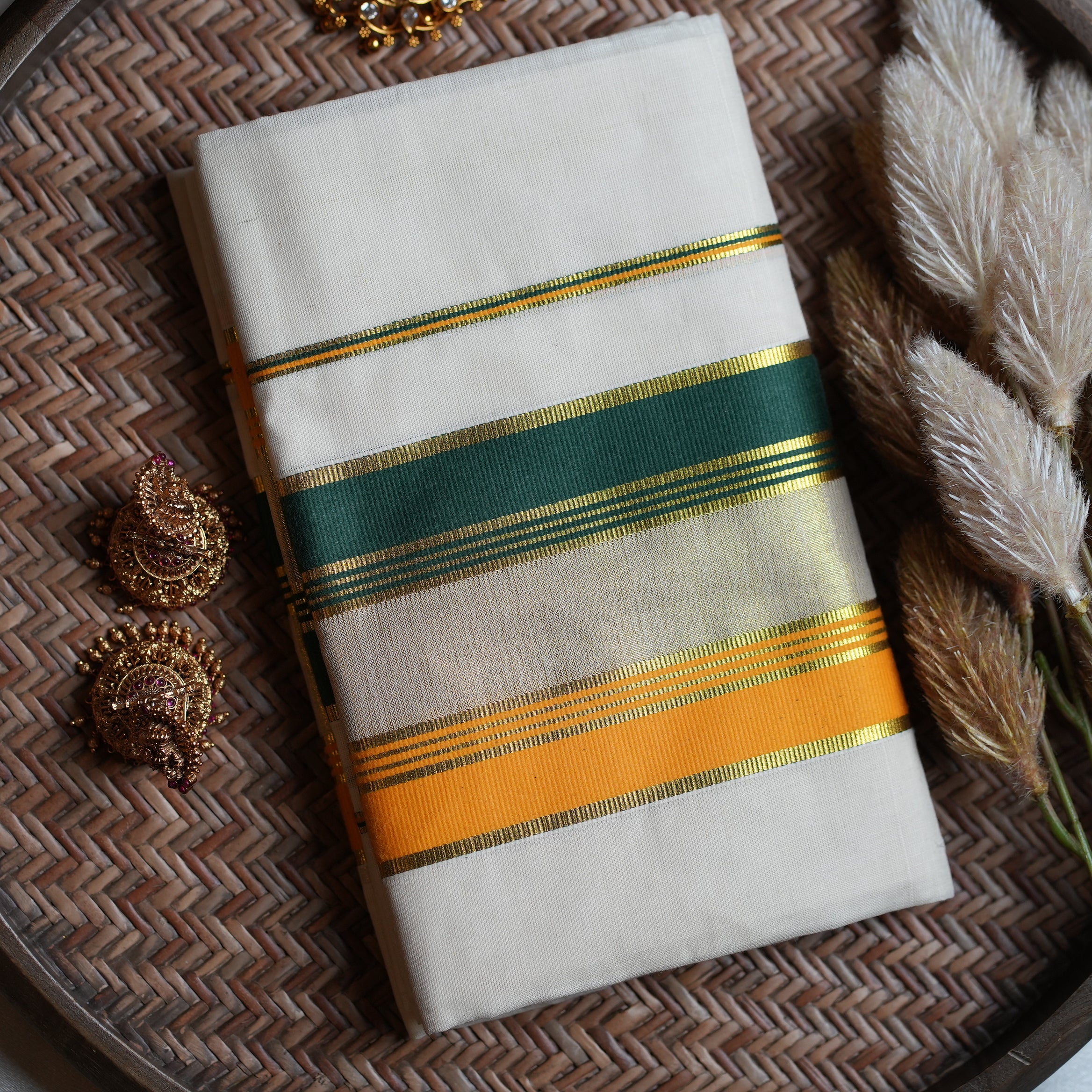 🌴 Bottle Green, Mustard & Kasavu Border Cotton Kerala Single Set Mundu ✨